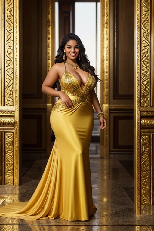 Create a captivating visual representation of a stunning Brazilian woman with a tall, plus-size figure, radiating confidence through her beautiful smile. Her long hair falls down her back, adding to her charming presence. She adorns herself with intricate gold earrings, bracelets and necklaces, adding a touch of elegance to her overall appearance. She looks graceful in a sexy little yellow dress inspired by ancient Greece, which accentuates her curves and highlights her unique beauty. The atmosphere around her evokes the essence, transporting the viewer to a time of grandeur and splendor. Full body portrait