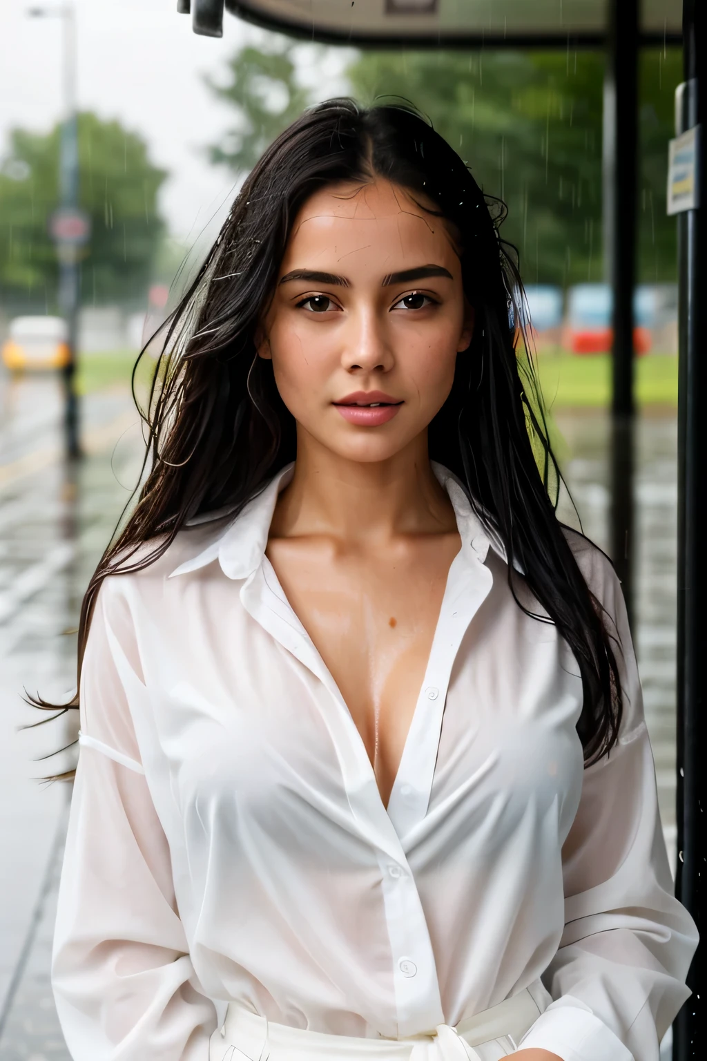 {there is a young girl sitting on a city bench in the rain.. she is beautiful, and attractive. she is wearing a white summer dress. her dress is extremely wet and is transperant from the rain, revealing her bra and underwear. she has beautiful long brown hair, and beautiful hazel eyes. her hair is also very wet. she is upset, and has a sad look on her face. there is no cover, and the rain is extremely heavy. there is a few puddles near her.}, {best quality}, {{masterpiece}}, {highres}, {{{8k}}}, extremely detailed girl, {{{caucasian skin}}}, {{{detailed face}}}, {photo-realism}, {{perfect anatomy}}, sharp focus, {{{character{1 girl}}}}, solo, {{{{{sharp focus}}}}}, {{{detailed cloth texture}}}, {{{detailed skin texture}}}, {{{smooth lighting}}}, {{australian decent}}, {{18-years old girl}},