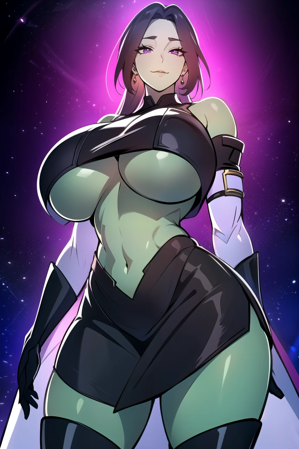 ultra realistic 8k cg, masterpiece, (( intricate detail, highly detailed, fine details best quality, hyperdetailed face)), gigantic breasts ,beautiful lighting, absurdres, BoaHancockV2, 1girl, solo, ( Black hair), long hair, jewelry, closed mouth, ), (chinese dress, (underboob : 1.4), elbow gloves, thigh boots, split skirt, bare shoulders, curvy, midriff, curvy, thighs, shiny clothes), violet eyes, (complex detailed background, inside, luxury palace), ((cowboy shot)), curvy, (gigantic breasts: 1.1), seductive smile, cowboy shot, (green skin : 1.1)