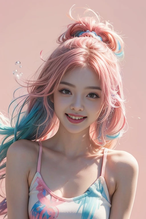 pink hair, sidelocks, hairclip, multicolored eyes, grin, clover hair ornament, ray tracing, anaglyph, anime, perspective, tachi-e, Ultra-Wide Angle, anatomically correct, UHD, best quality, highres, Masterpiece masterpiece, best quality, High resolution), White background, ((Paint splashes, color splash, splash ink, color splash)), sweet chinese girl, rainbow hair, pink lips, front, Upper body
