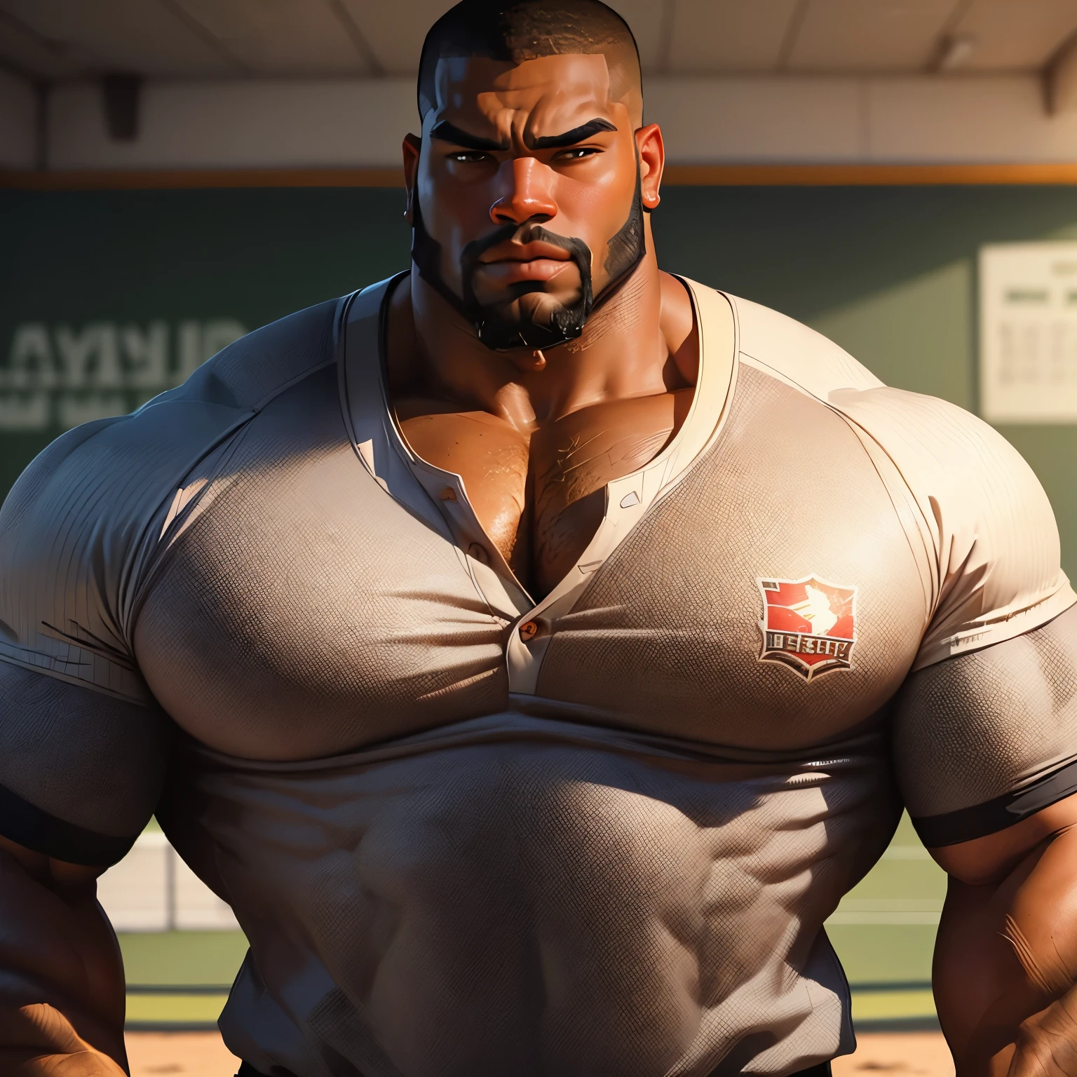 an exaggeratedly muscular and large bodyguard, beefy build, beard, dark-skinned african american male, buzzcut hair with square line, (wearing tight unbuttoned baseball shirt: 1.2), school team logo, (bara pecs: 1.3), (arm and chest hair: 1.1), close-up portrait HD, (baseball field)