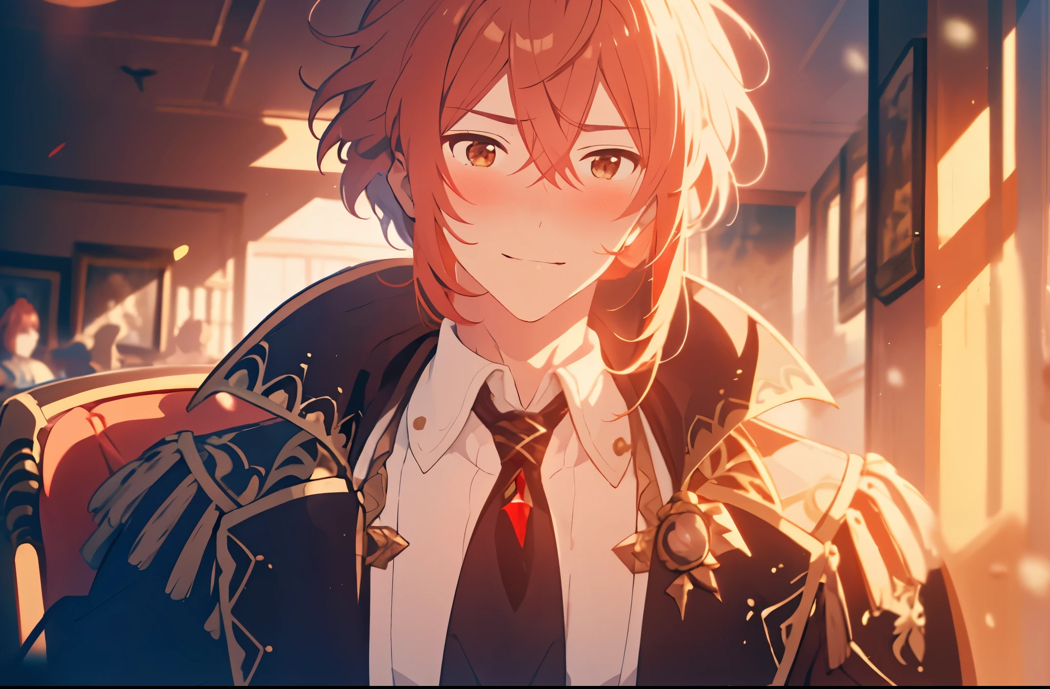 ((Best quality)), ((masterpiece)), (detailed), ((perfect face)) 1 male solo, mature, handsome, tall muscular guy, broad shoulders, diluc (genshin impact), red hair, brown coat, brown pants, black tie with red crystal, dramatic light, cinematic shot, ((((shy smile, blushing)))) anime screenshot