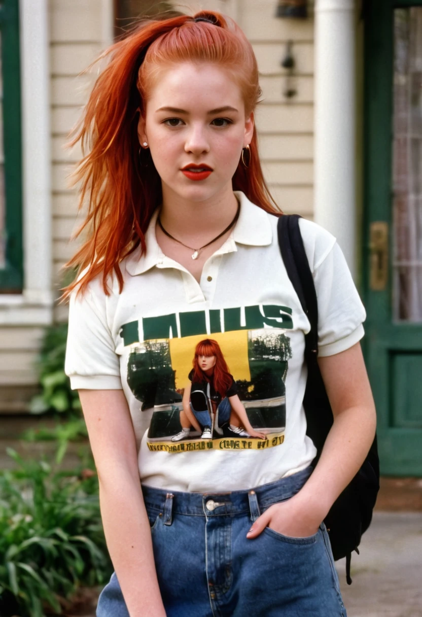 Beautiful red hair girl  in the 1990  flannel shirts, baggy jeans, graphic tees, and chunky sneakers inspired by films like "Clueless" and "Empire Records." Grunge fashion, popularized by movies like "Singles" and bands like Nirvana, featured plaid shirts, ripped jeans, and combat boots. And let's not forget the preppy style seen in movies like "10 Things I Hate About You," with polo shirts, khakis, and varsity jackets making a comebac