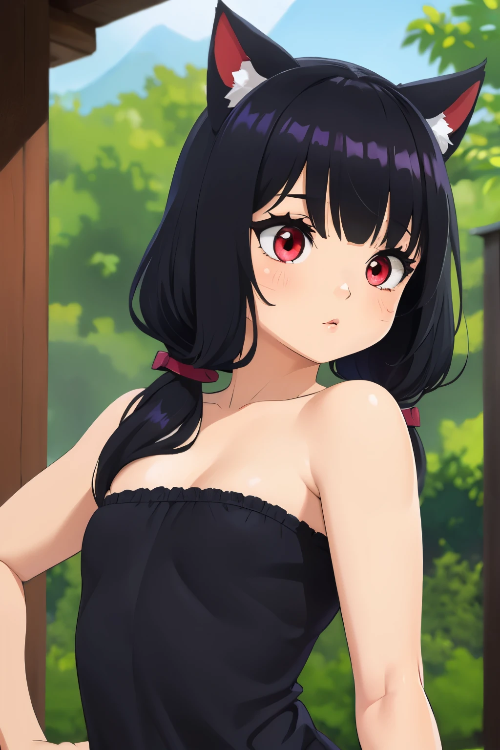 ,((long hair slightly wavy slightly past the shoulders, black bangs, small black pigtails on the sides, cute cat ears, beautiful thin red eyes,)),obra maestra, Mejor calidad, ultra detallado, illustration, vistoso, color caido, profundidad de campo, destello de lente, 1 chica, ahi \(liga de leyendapelo sin pelo, ojos amarillos, adorno para el pelo, orejas de zorro, colas de zorro, animado, (small pile), (small pileBT), (de cerca), (parte superior del cuerpo), (nude nightgown, colmillos, kitsune), tiro de vaquero, mirando al espectador, en el bosque, textura de piel detallada, hermoso rostro detallado, boca abierta, colmillos, entusiasmado, seductor, vestimenta seductora, clavicle, (pechos enormes, con curvas, Voluptuoso, curvilinear)