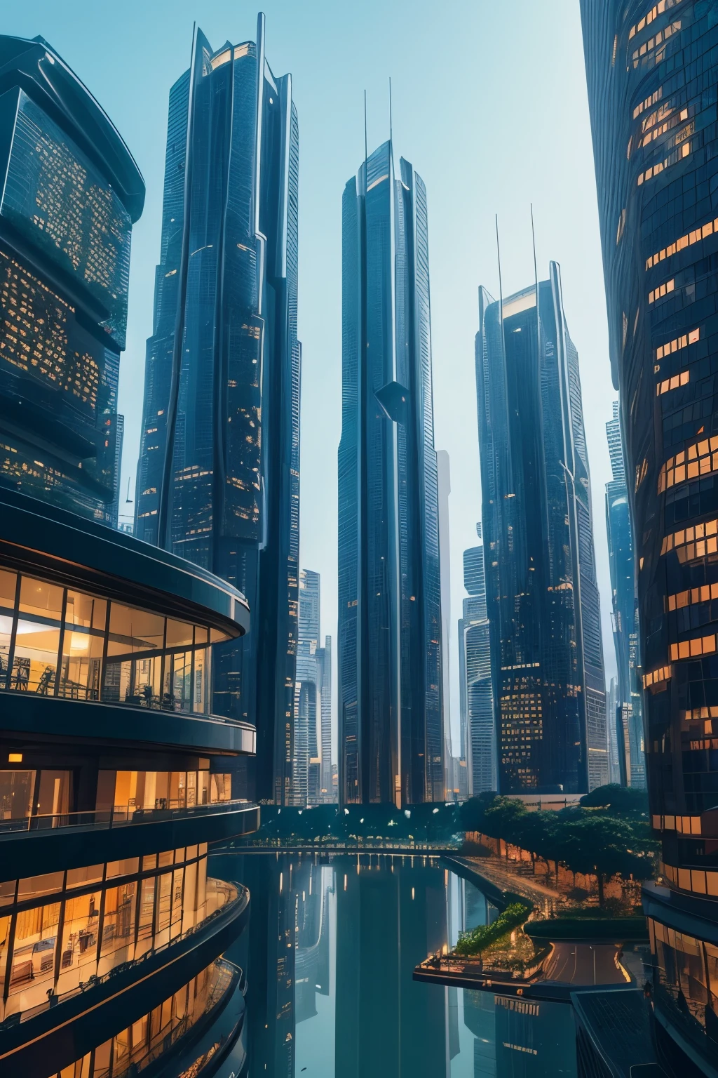 In the heart of a futuristic city, a harmonious blend of technological advancement and sustainability is showcased. Towering structures with sleek lines and intricate designs offer a dramatic contrast to the lush greenery that adorns the streets. Solar panels cover the rooftops, while flying cars zoom overhead, leaving trails of sparkling light in their wake.
Beneath the neon-lit streets, a large park unfolds. A crystal-clear lake reflects the towering buildings, and trees bloom with vibrant colors, their trunks encased in glass to protect them from the elements. People move about in futuristic attire, their skin glowing with an otherworldly she