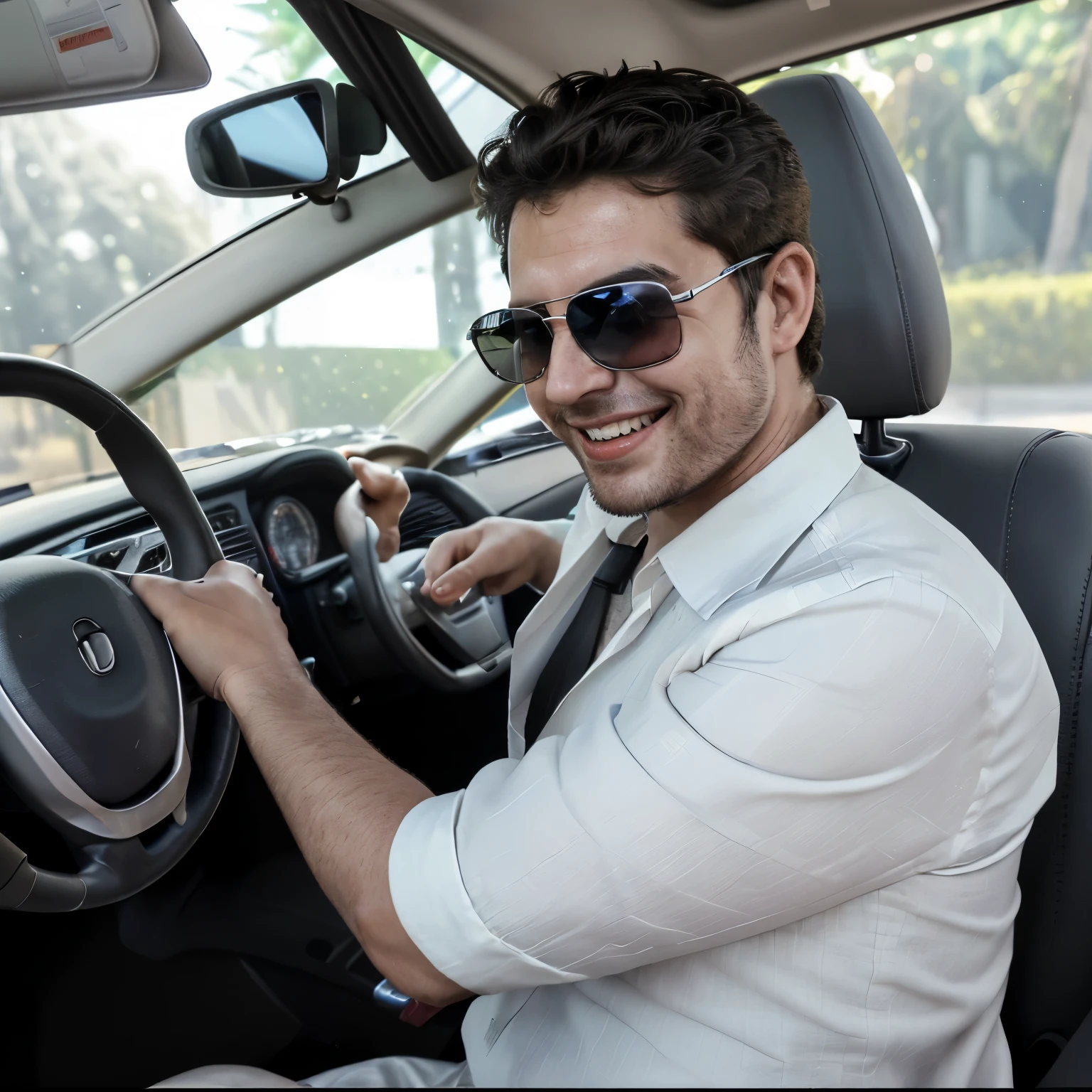 Homem  de 30 anos, driving a car with both hands on the steering wheel. He wears a white dress shirt and black sunglasses., ele esta  sorrindo olhando para frente . Foto tirada de frente do painel pro rosto, The cell phone I took this photo was positioned behind the steering wheel.