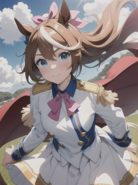 topquality, Horse Girl, tokai_teio_\(umamusume\), Perfect skin, realisic skin, Detail Skin, 8K, the perfect body, perfect foots, tail, white clothes with gold patterns, golden ceiling skirt, white skirt, Sky City, clouds, blue sky
