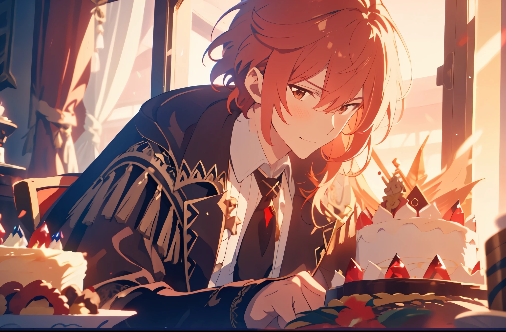 ((Best quality)), ((masterpiece)), (detailed), ((perfect face)) 1 male solo, mature, handsome, tall muscular guy, broad shoulders, diluc (genshin impact), red hair, brown coat, brown pants, black tie with red crystal, dramatic light, cinematic shot, birthday cake, shy smile, blushing, anime screenshot