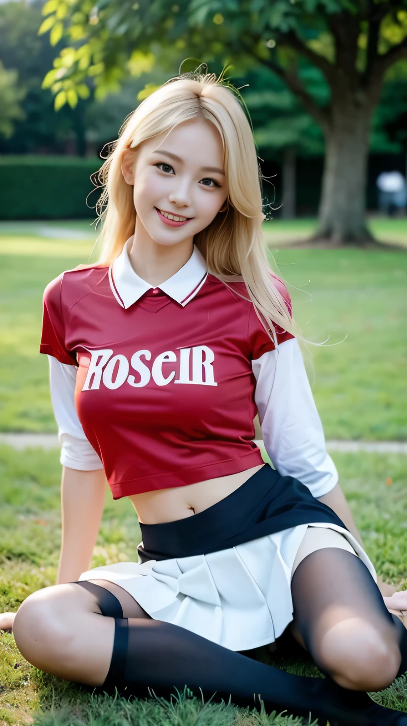 best quality, full body portrait, delicate face,very cute and pretty face, 22 years old woman, slim body, , cheerleader uniform, office uniform, black stockings, outdoor scene, Sitting position, spread legs, blonde hair, happy smile