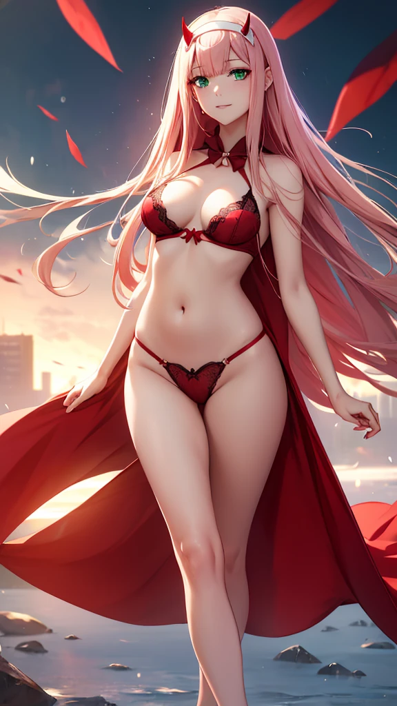 Anime girl, Zero Two, 002 from Darling in the franxx (best quality,4k,8k,highres,masterpiece:1.2), ultra-detailed, (Anime art style, :1.37), portraits, solo, one_girl, long_hair, beautiful_detailed_small_horns,2_horn, pink_hair, stunning_breasts, delicate_hairband, enchanting_smile, captivating_gaze, medium_breasts, white_hairband, simple_background, elegant_arms_up, Elegant_Pose, stylish_bangs, mesmerizing_green_eyes, delicate_closed_mouth_smiling,Red Coloured_Xs_and_Os_Women's_Lace_&_net_Floral_Above_knee_Babydoll_Lingerie,fiery_red_horns, exquisite_Lingerie, breathtaking_red_Lingerie, alluring_Lingerie, cascading_very_long_hair, straight_hair, confident_standing_pose, elegant_necktie, Full_body_illustration.