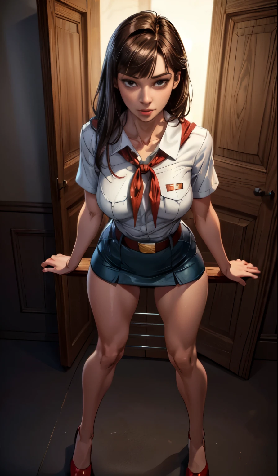 detailed eyes, (full body shot:1.2), 8k, (skinny body:1.2), curvy, (hands behind her back:1.2), seductive pose, (looking at viewer, 8k vector photography, , beautiful eyes, realistic lighting, detailed outfit, realistic facial features, hyper detail, (perfect angle, focus on face hips and breastegane)), (very short dark straight hair:1.3), flat chest, pioneer neckerchief, micro blue tight skirt, bangs, shirt, collarbone, very tight white shirt, short sleeves, collared shirt, belt, eyelashes, red neckerchief, breast pocket, resembles a sex doll, maryarya