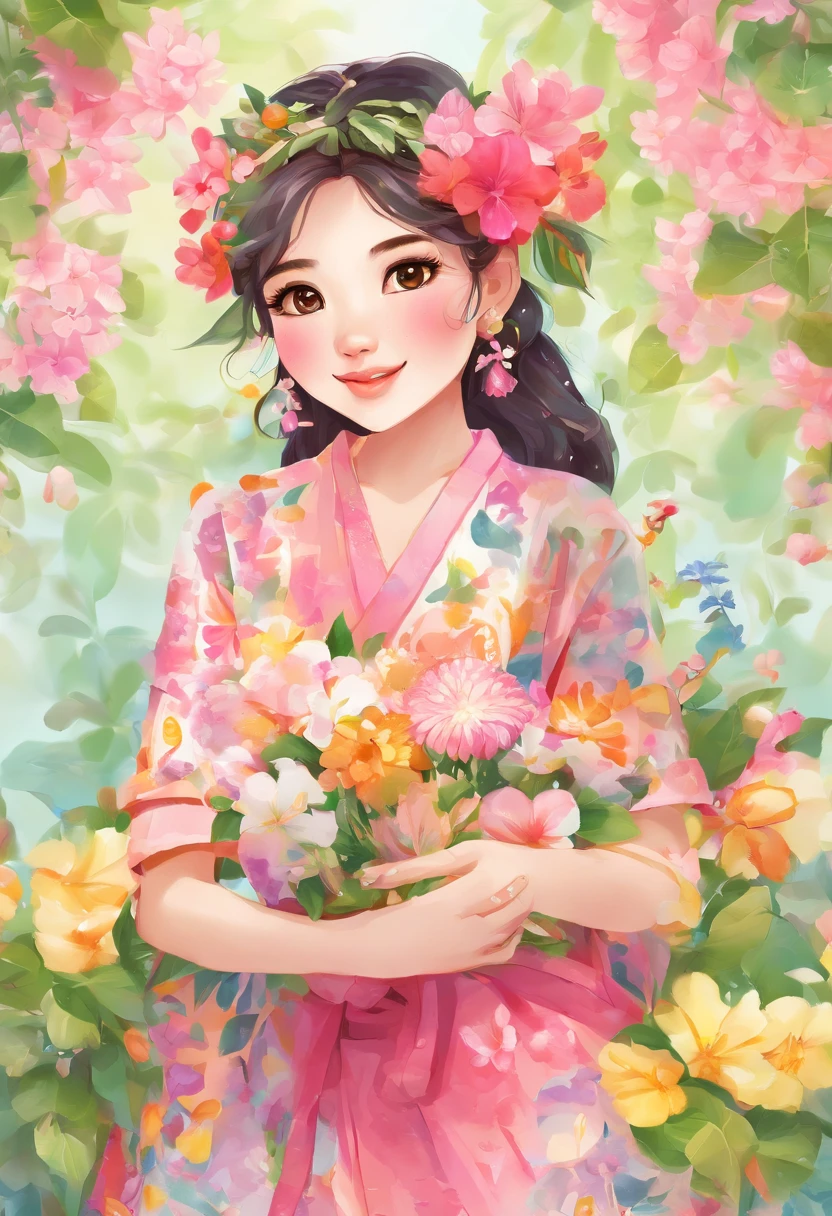 with the text 'HAPPY SONGKRAN DAY' ,Watercolor painting of a young Thai woman, age 25, with a beautiful face, decorated with bougainvillea flowers, and wearing a beautiful Thai dress. holding a garland of fresh flowers Drawn with delicate brushstrokes on the ends, pastel color palette, soft textures, wet on -wet technique, botanical illustration style, golden ratio, high level of detail, realistic textures, optical illusions.with shadows of  Thai Khon