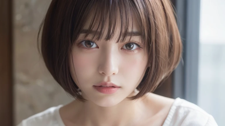 (bob cut hair:1.2),(wearing a blouse:1.2),1 girl,Japanese,21 years old,(small breasts:1.3),(highest quality,masterpiece:1.3,超A high resolution,),(Super detailed,caustics),(Photoreal:1.4,RAW shooting,)ultra-realistic capture,very detailed,High resolution 16K human skin close-up。 natural skin texture、,The pores are、、、、、、、、、Must be detailed enough to be easily identified。 Skin should look even-toned and healthy。 Use natural light and color, sad expression, look at the camera, perfect dynamic composition, my room