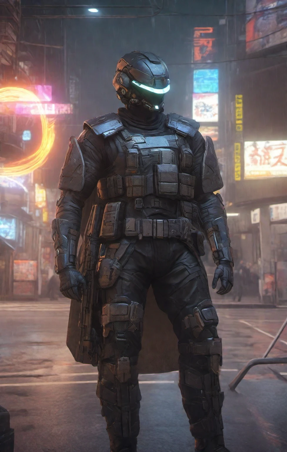 ((Best Quality)), ((Masterpiece)), (Very detailed:1.3)(Cyberpunk:1.3),(Depth of Field) HDR (High Dynamic Range), Super Resolution, a man in a helmet dressed in tactical armor with a black cape on his back,Shoulder pads, Knee pads, Utility belt, three throwing knives holstered on his arm, Pistol holstered on his hand in a Street