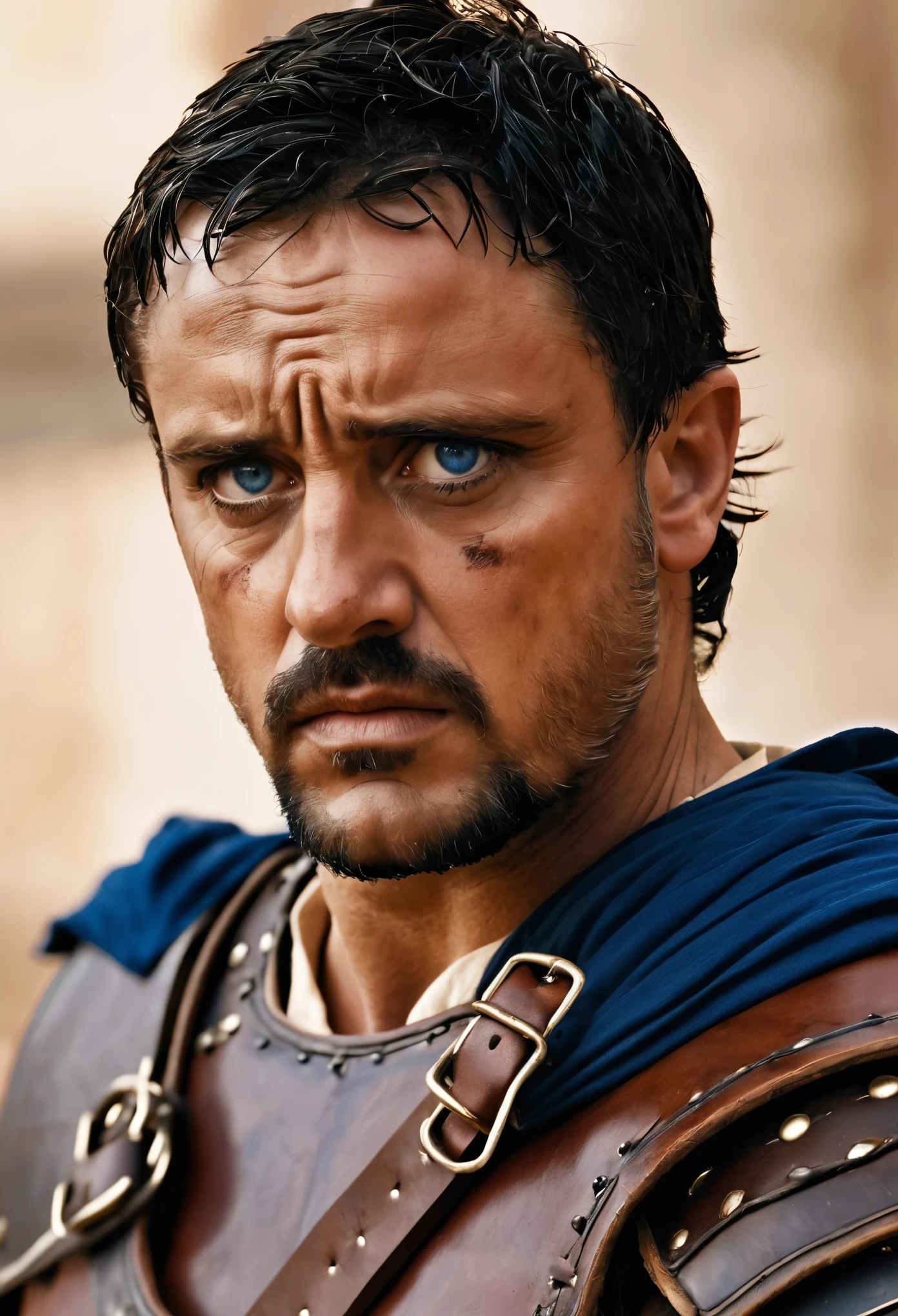 (masterpiece, high quality, best quality), beautiful, hd, realistic, perfect lighting, detailed face, detailed body, Picture the betrayal and confusion in Caesar's eyes as he utters his famous last words, "You too, Brutus?"
, black hair, blue eyes, long black hair, brown and worn leather clothing gladiator style: 1.4), leather breastplate, gladiator style, man, robust, confusion in Caesar's eyes
