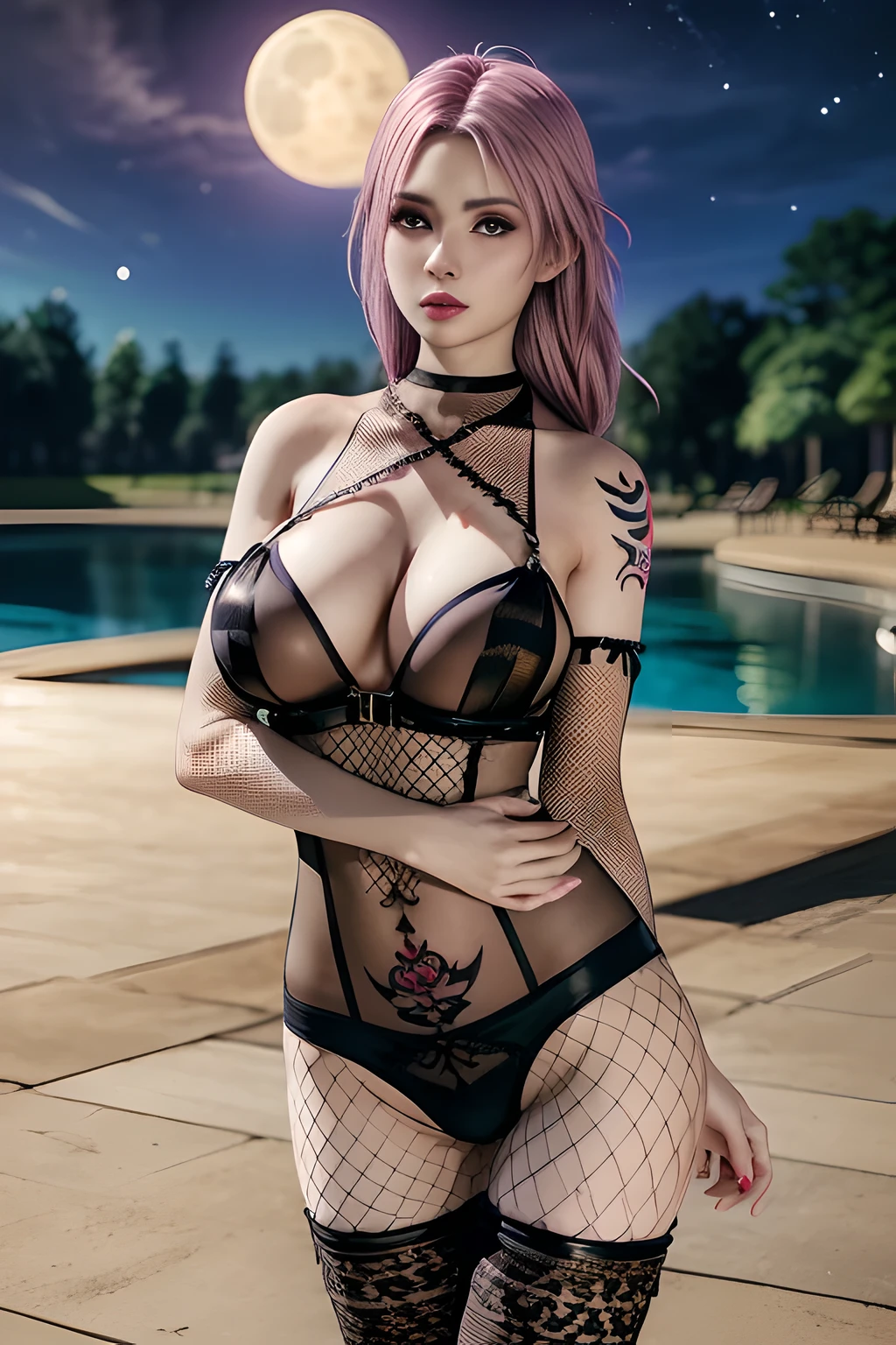1 girl,standing posture,((halter neck, bare shoulders, pantyhose, bodysuit, see-through,lingerie, fishnets)), outdoor,elegant,nighttime,moonlighe,shiny skin,( huge breasts:1.1), lip gloss,( tattoos:1.3), masterpiece, best quality, realistic ,Surrealism,,Rich artistic colors, 8K,soft shadows,Portrait art,solo, elise,