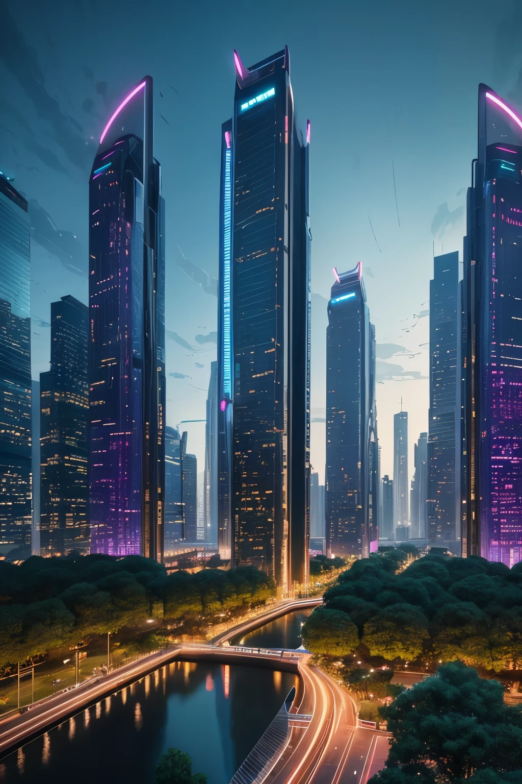 In the heart of a futuristic city, a harmonious blend of technological advancement and sustainability is showcased. Towering structures with sleek lines and intricate designs offer a dramatic contrast to the lush greenery that adorns the streets. Solar panels cover the rooftops, while flying cars zoom overhead, leaving trails of sparkling light in their wake.

Beneath the neon-lit streets, a large park unfolds. A crystal-clear lake reflects the towering buildings, and trees bloom with vibrant colors, their trunks encased in glass to protect them from the elements. People move about in futuristic attire, their skin glowing with an otherworldly she