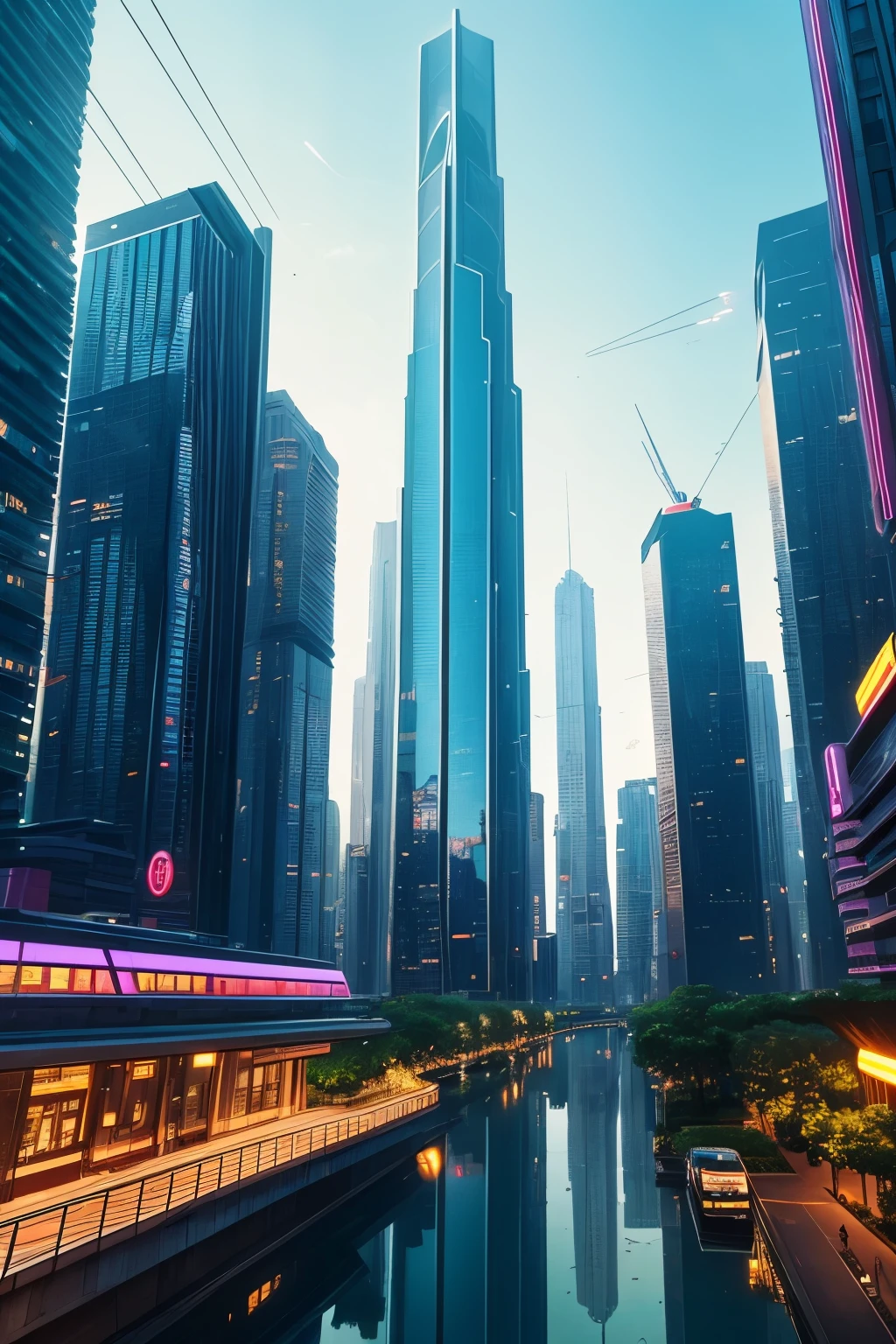 In the heart of a futuristic city, a harmonious blend of technological advancement and sustainability is showcased. Towering structures with sleek lines and intricate designs offer a dramatic contrast to the lush greenery that adorns the streets. Solar panels cover the rooftops, while flying cars zoom overhead, leaving trails of sparkling light in their wake.
Beneath the neon-lit streets, a large park unfolds. A crystal-clear lake reflects the towering buildings, and trees bloom with vibrant colors, their trunks encased in glass to protect them from the elements. People move about in futuristic attire, their skin glowing with an otherworldly she