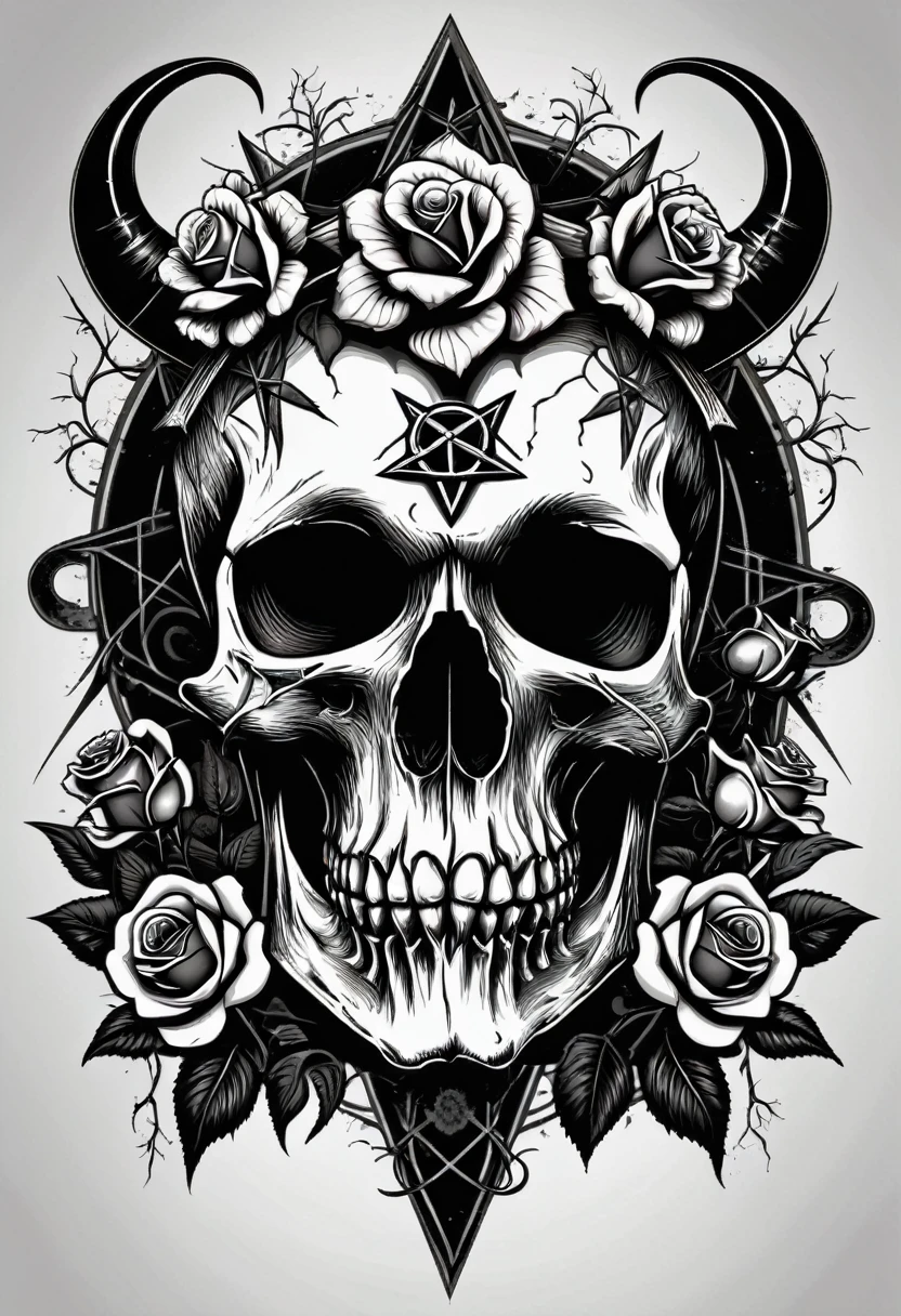 A black and white drawing of a skull with roses and a pentagram, highly detailed dark art, dark art style, Occult art, dark art, gothic art style, digital art dark but detailed, inspired by skulls, adorned with demon skulls, skull design for rock band, macabre art, gothic art, heavy metal art style, black metal style