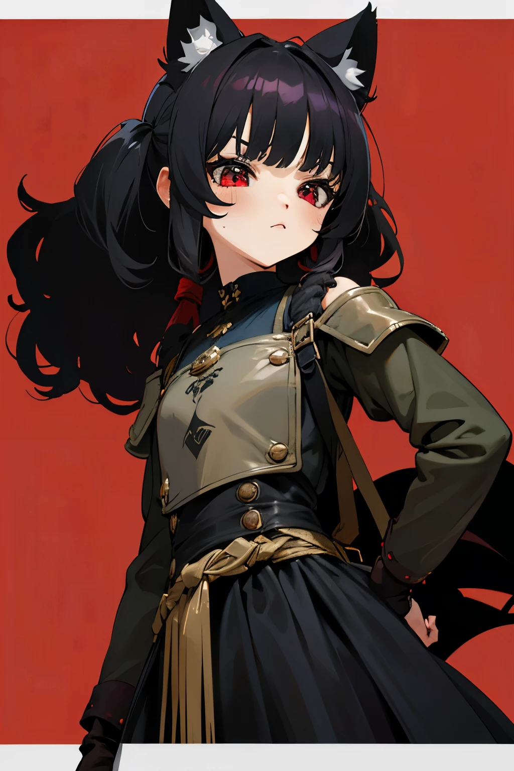 (guerra de las Galaxias), pelo medio largo , ojos rojos , PELO NEGRO, serious expression, (armadura de soldado de asalto, mujer joven, casco rojo), ,((long hair slightly wavy slightly past the shoulders, black bangs, small black pigtails on the sides, cute cat ears, beautiful thin red eyes,)),
