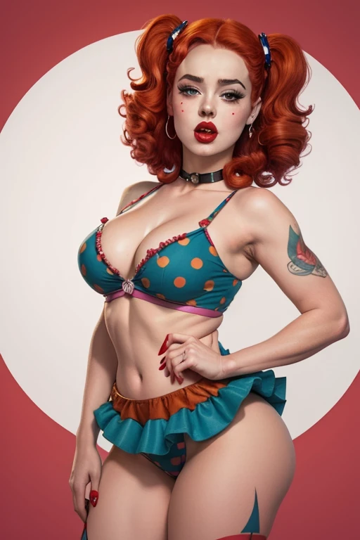 Harley Quinn, queen of clowns, heavy make up, shining skin, dramatic lighting, pin up style, sexy, surprised, , red colorful , masterpieces, illustrated, shining skin, detailed face, Medium breast. tight body. red hair, Illustrated BY Zoe Mozert, pinup art byZoe Mozert, vintage pin up, illustrated by Zoe Mozert, girl pinup, pinup girl, pin-up poster girl, pin up girl, pinup, pin - up girl, Detailed face, Detailed Hands, Detailed legs, bloody sweet dream
