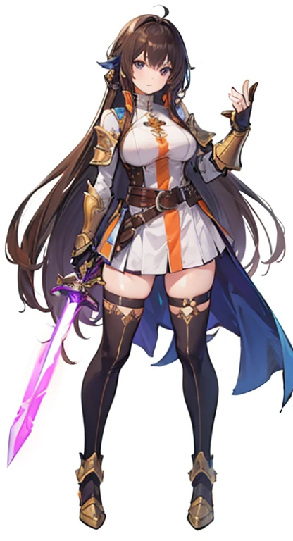 (((Best Quality))) , ((full body)), female, reference sheet, solo, (white background), holding staff or sword, gauntlets, thigh high, belt, long hair, blue, orange, green, violet, brown, white,