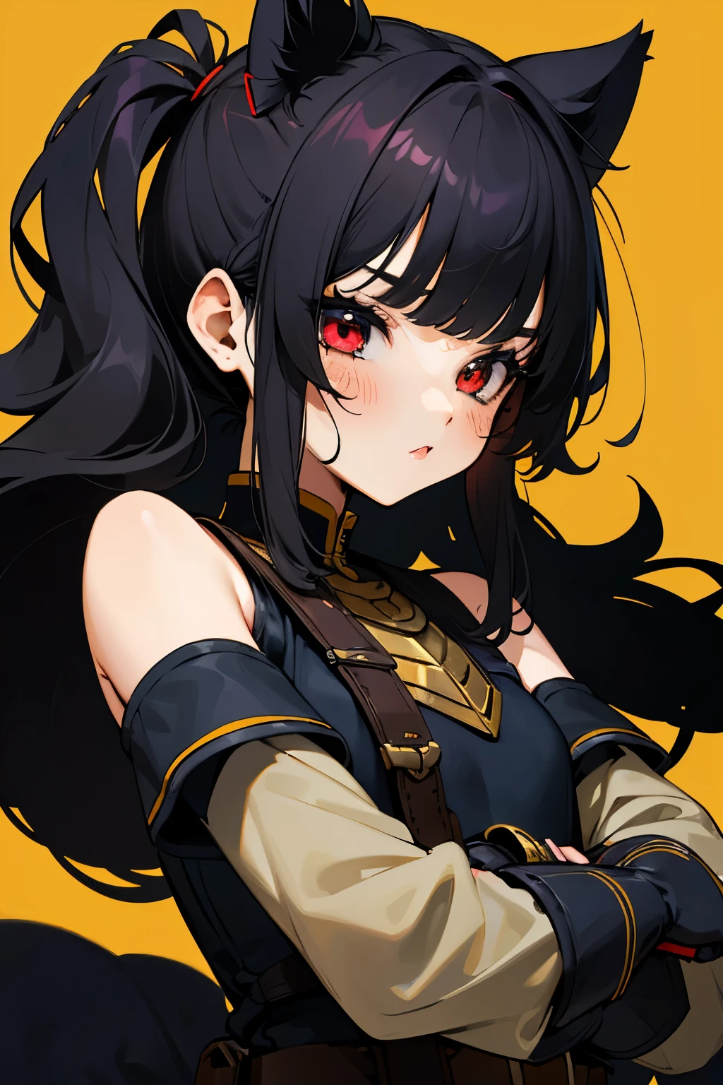 (guerra de las Galaxias), pelo medio largo , ojos rojos , PELO NEGRO, serious expression, (armadura de soldado de asalto, mujer joven, casco rojo), ,((long hair slightly wavy slightly past the shoulders, black bangs, small black pigtails on the sides, cute cat ears, beautiful thin red eyes,)),
