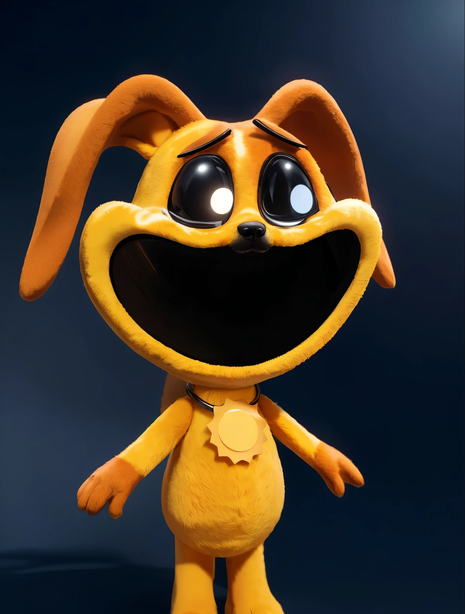 A yellow toy fuffy dog with a red collar and tag, it has a sad look on its face. It has big eyes and a round nose. The background is black. Dog is crying with tears, orange fur, furry character portrait, purple metal ears, cosplay photo, furry texture, smooth 3d model, toy, multiple light sources, rim light, sharp post effects render, (fur texture with multiple big light probe refractions), perfect cgi, smooth silhouette, high intensity refraction, (super furry material), most beautiful vfx, dark background, fur, realistic, 4k, high resolution, rim light, photo shoot, commercial photo, profile shot, 4k, rim light, high resolution, 4k, texture, smooth 3d model, multiple light sources, rim light, sharp post effects render, cgi art created only with gradients, smooth silhouette, high intensity refraction,  most beautiful vfx, rim light, sharp post effects render, perfect cgi, digital art, detailed digital art, reflective, best quality, 4k, masterpiece:1.2, ultra-detailed, realistic, vivid colors, dark and moody lighting, The image of the highest quality, ensuring every detail showcased perfectly. It in 4k resolution, allowing viewers to immerse themselves in the richness of the colors and intricate details. The realistic rendering. under the spotlight, reflecting, high-resolution image, realistic rendering, dark background, and rim light photorealistic
