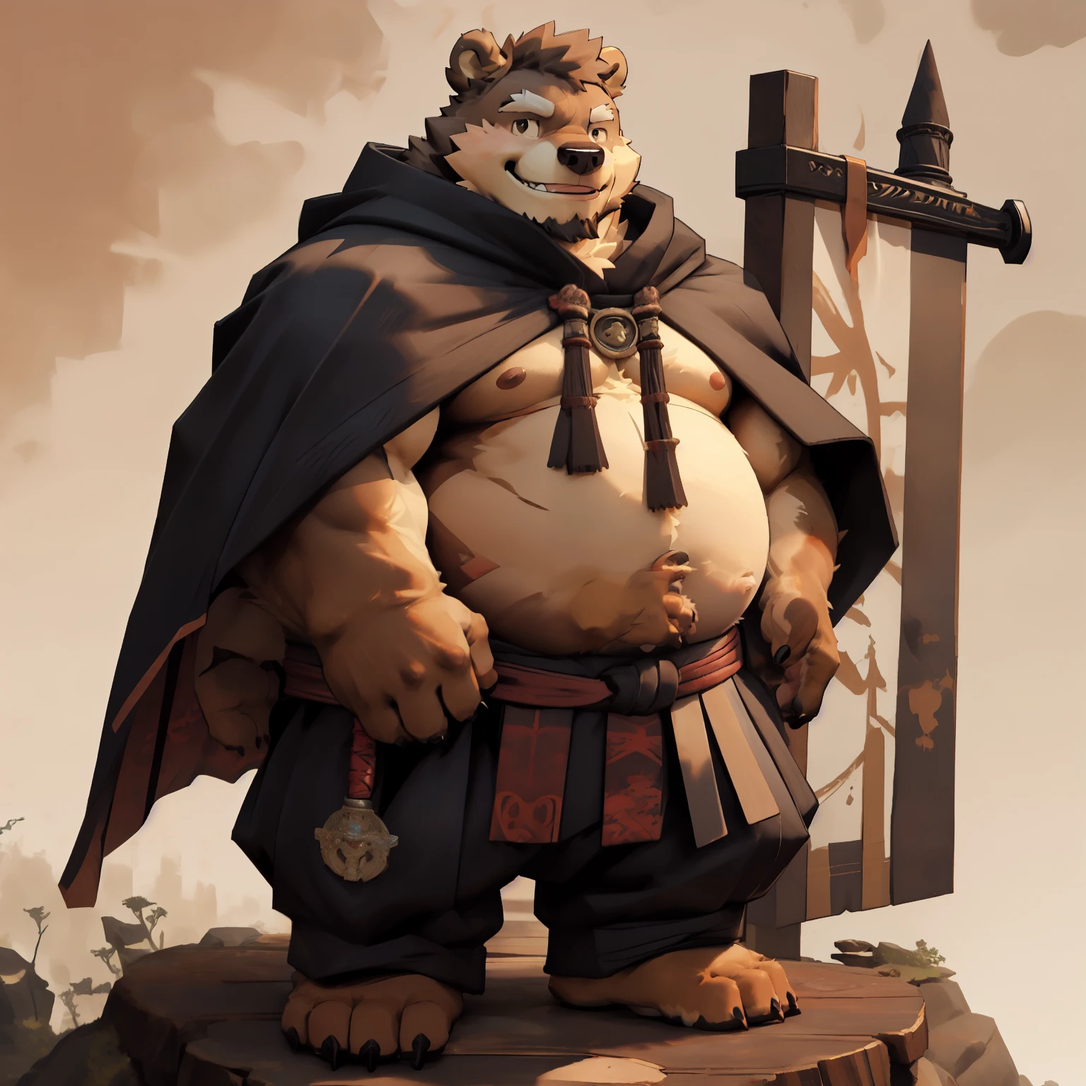 New Jersey 5 Hairy, Bear，Full body portrait of an individual,exquisite， chubby，Fat，thick arms，Rugged muscles，plush fur，thick eyebrows，Legend of Jianfeng，cloak，Great sword，Warriors Pants，stand，Smile