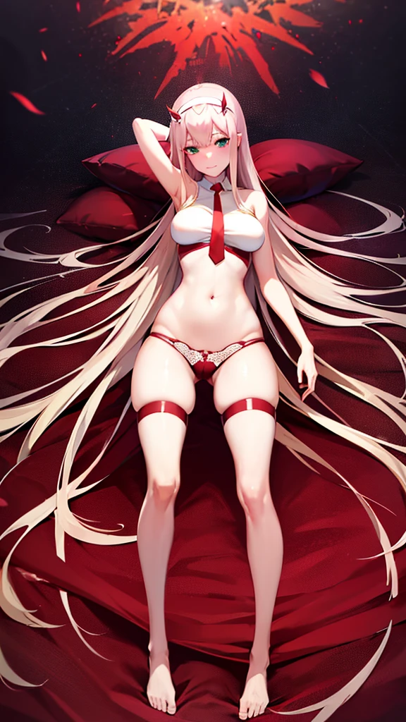 Anime girl, Zero Two, 002 from Darling in the franxx (best quality,4k,8k,highres,masterpiece:1.2), ultra-detailed, (Anime art style, :1.37), portraits, solo, one_girl, long_hair, beautiful_detailed_horns, pink_hair, stunning_breasts, delicate_hairband, enchanting_smile, captivating_gaze, medium_breasts, white_hairband, Lying_on_Beautifully_Rose_flowered_Bed, elegant_arms_up, Elegant_Pose, stylish_bangs, mesmerizing_green_eyes, delicate_closed_mouth_smiling,Red Coloured_Xs_and_Os_Women's_Lace_&_net_Floral_Above_knee_Babydoll_Lingerie,fiery_red_horns, exquisite_Lingerie, breathtaking_red_Lingerie, alluring_Lingerie, cascading_very_long_hair, straight_hair, confident_standing_pose, elegant_necktie, Full_body_illustration.