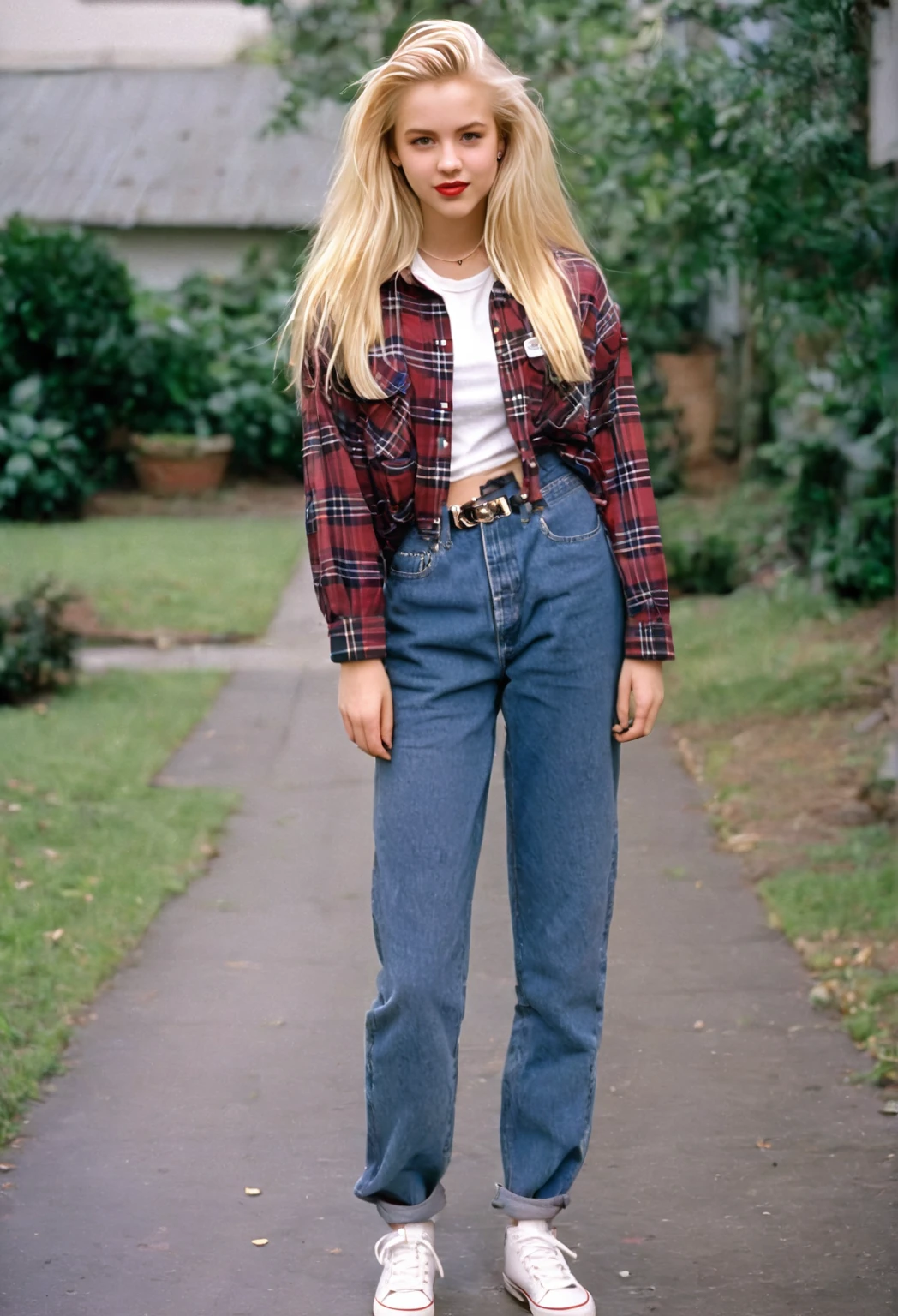 Beautiful blonde hair girl  in the 1990  flannel shirts, baggy jeans, graphic tees, and chunky sneakers inspired by films like "Clueless" and "Empire Records." Grunge fashion, popularized by movies like "Singles" and bands like Nirvana, featured plaid shirts, ripped jeans, and combat boots. And let's not forget the preppy style seen in movies like "10 Things I Hate About You," with polo shirts, khakis, and varsity jackets making a comebac