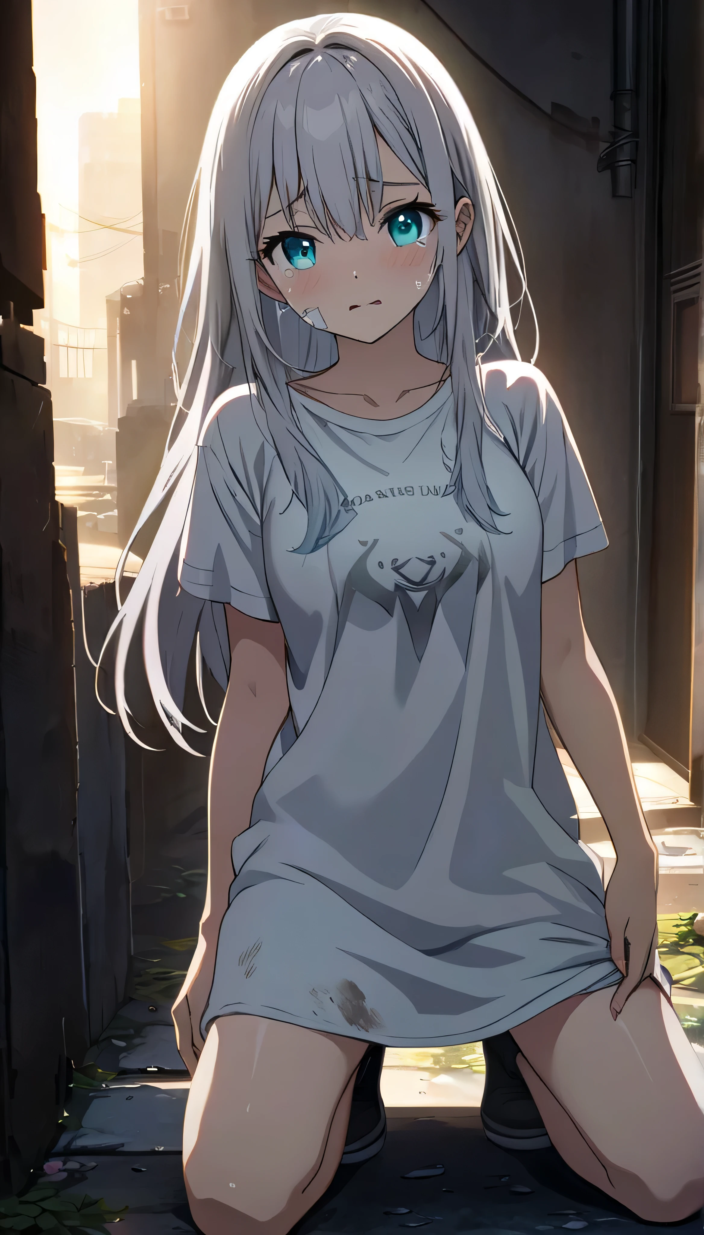 dark theme. full resolution. masterpiece. Full HD. very detailed. very detailed eyes. best quality. 1girl. young girl. very beautiful and cute girl. thin body. poor girl. longhair. white hair. charming bright aqua eyes. breasts. dirty t-shirt. oversized white T-shirt. kneel . tears. bandage on face. in a slum city alley. depth of field. best rendered CG