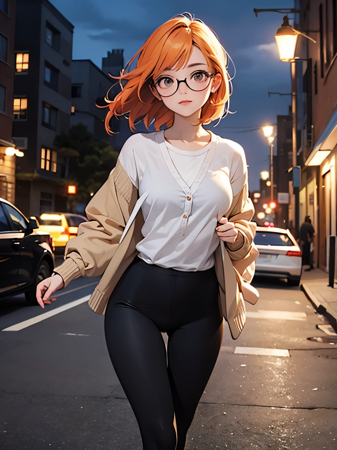 best quality, masterpiece, movie lighting, complex, cinematic detailed actual background, Detailed face, whole body, medium breasts, actual, clear lines, , , 1 girl jogging, city View, night, tie shirt, looking at the audience, tattoo, model pose, cardigan, Yellow circles under eyes, street lamp, lamp post, yoga pants, Colored hair, Glasses,, ,