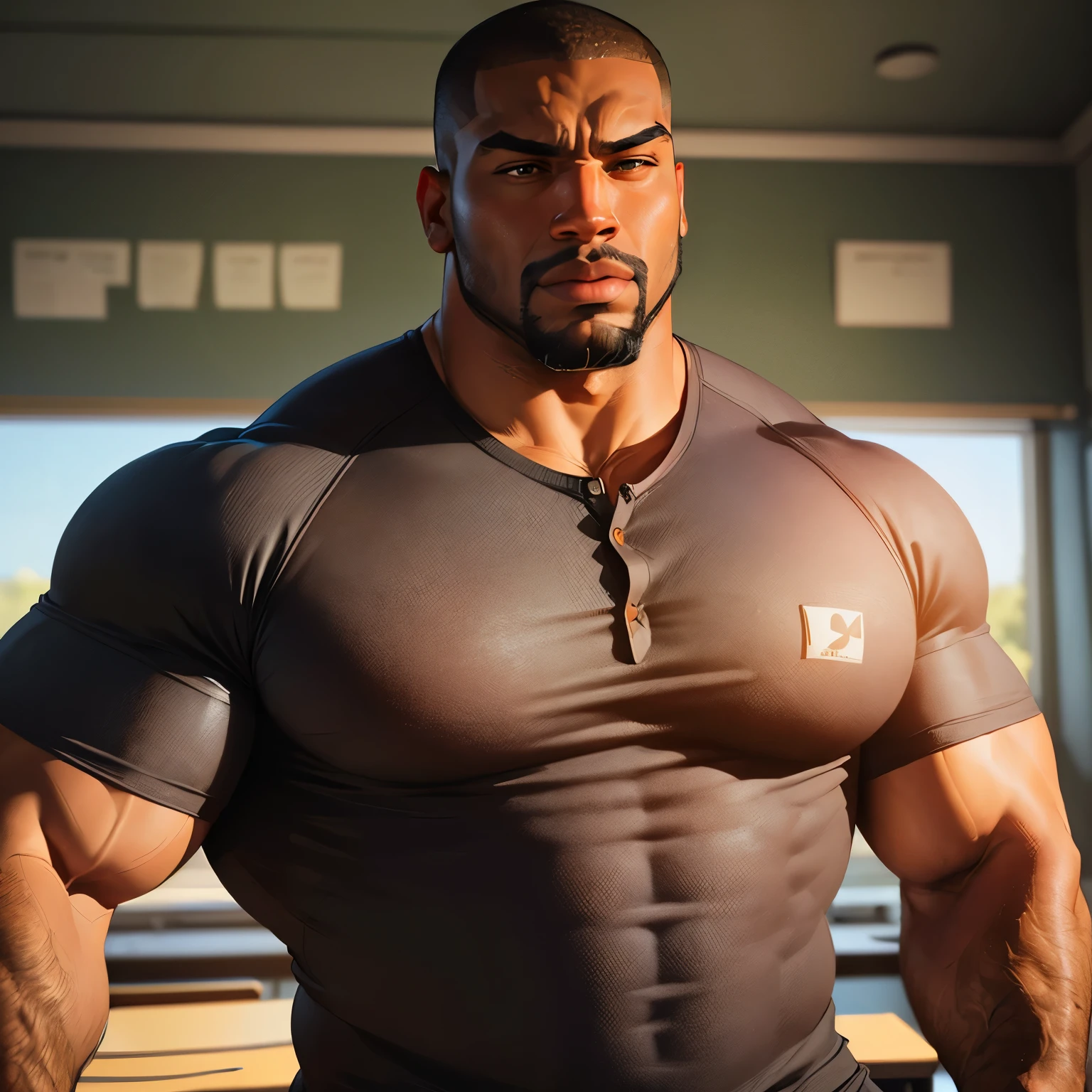an exaggeratedly muscular and large bodyguard, beefy build, beard, dark-skinned african american male, buzzcut hair with square line, surprised expression, (wearing tight henley shirt: 1.2), school team logo, (bara pecs: 1.3), (arm and chest hair: 1.1), close-up portrait HD, (classroom)