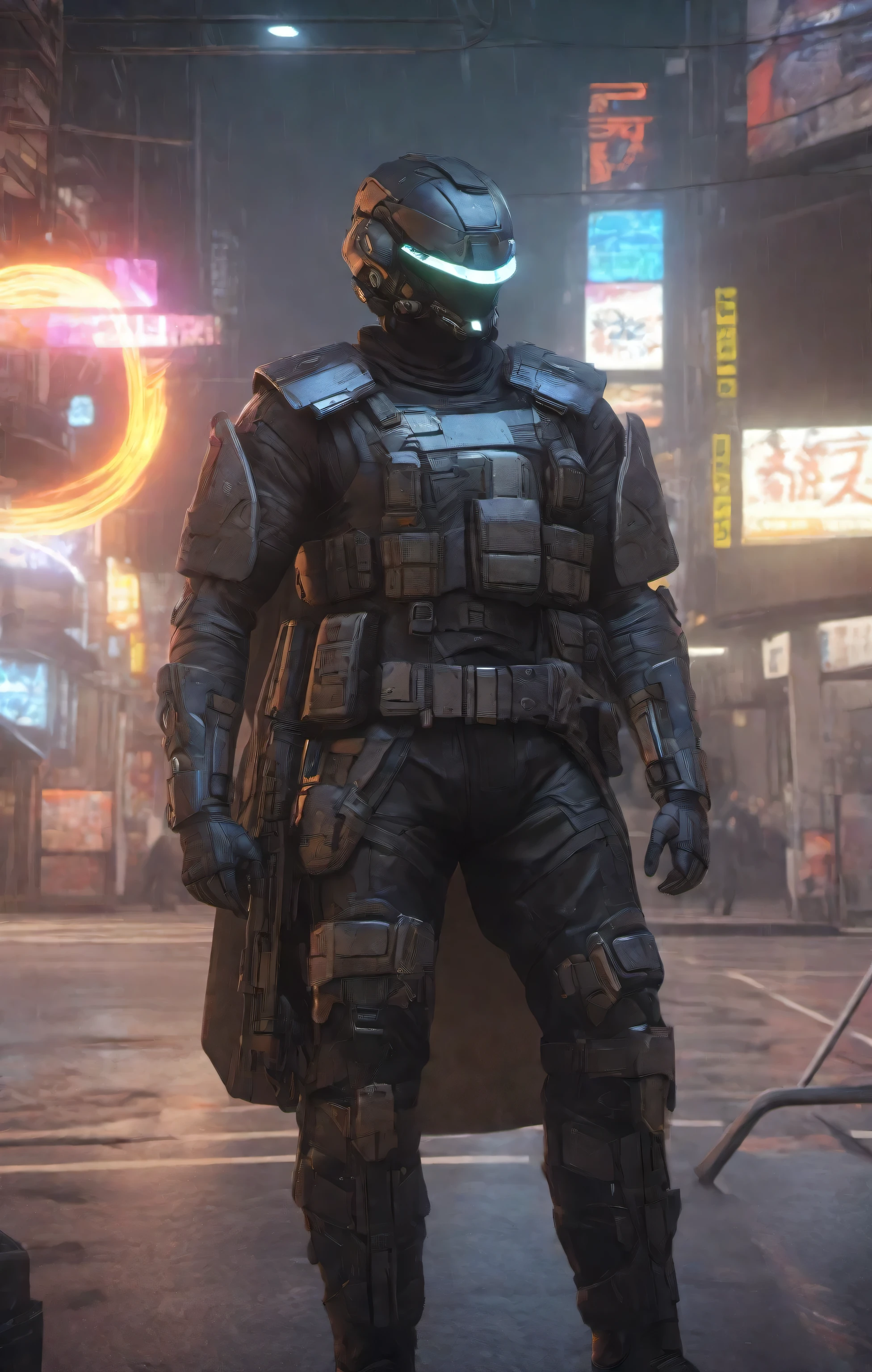 ((Best Quality)), ((Masterpiece)), (Very detailed:1.3)(Cyberpunk:1.3),(Depth of Field) HDR (High Dynamic Range), Super Resolution, a man in a helmet dressed in tactical armor with a black cape on his back,Shoulder pads, Knee pads, Utility belt, three throwing knives holstered on his arm, Pistol holstered on his hand in a Street