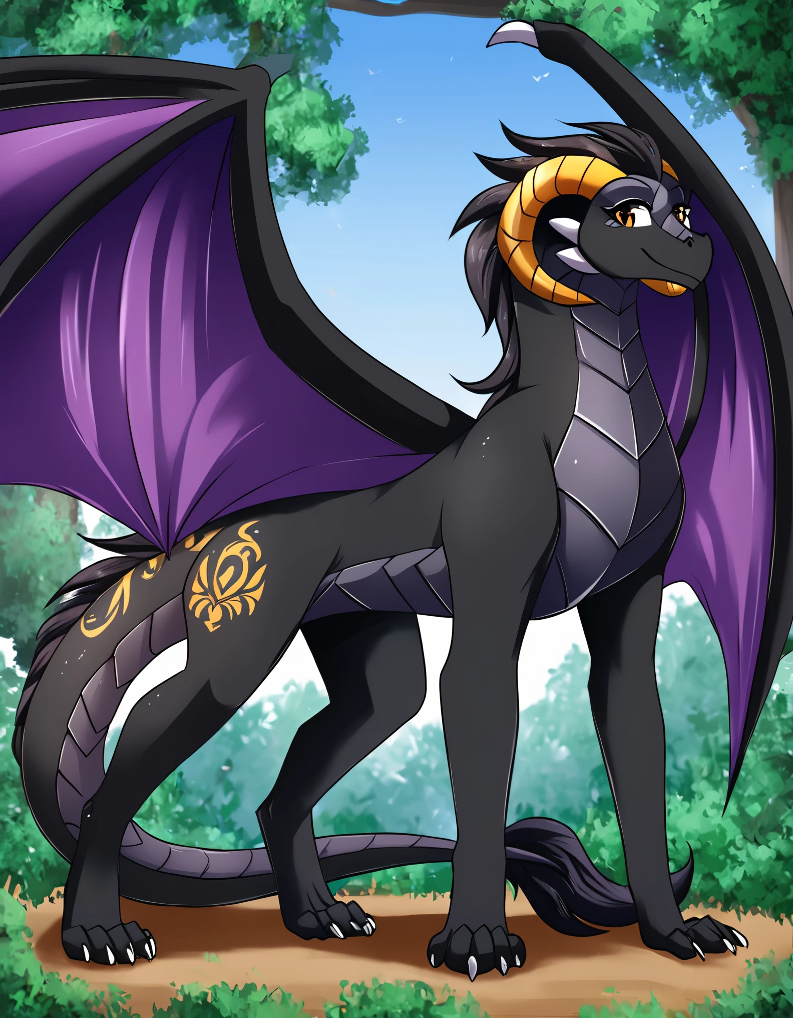 solo, tkdragonreni,, madam_reni_(twokinds), twokinds, by tom_fischbach, (best quality, masterpiece:1), dragon, (feral:1.2),( wings, membrane \(anatomy\), membranous wings:1.3) , black skin, western dragon, furry famale anthro, female, adult, looking at viewer, tail, night (outdoors dark forest trees blurry blurred background:1.1), black mane