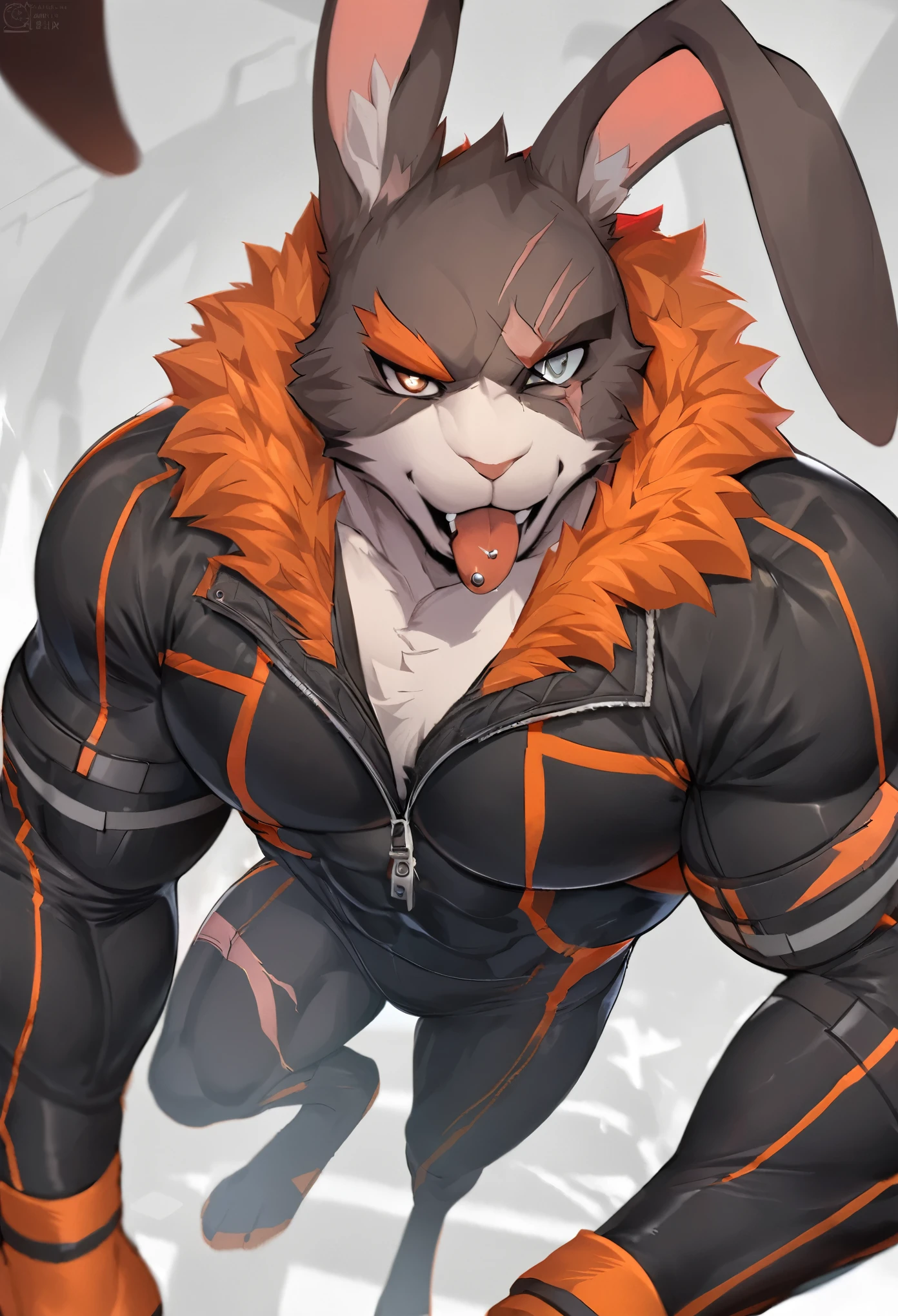 Race:Rabbit furry coat color or skin color:Gray eye color:Red and orange others:There is a scar on the left side of the face with a fierce look. He wears a tongue ring and wears tight clothes to expose his chest muscles.