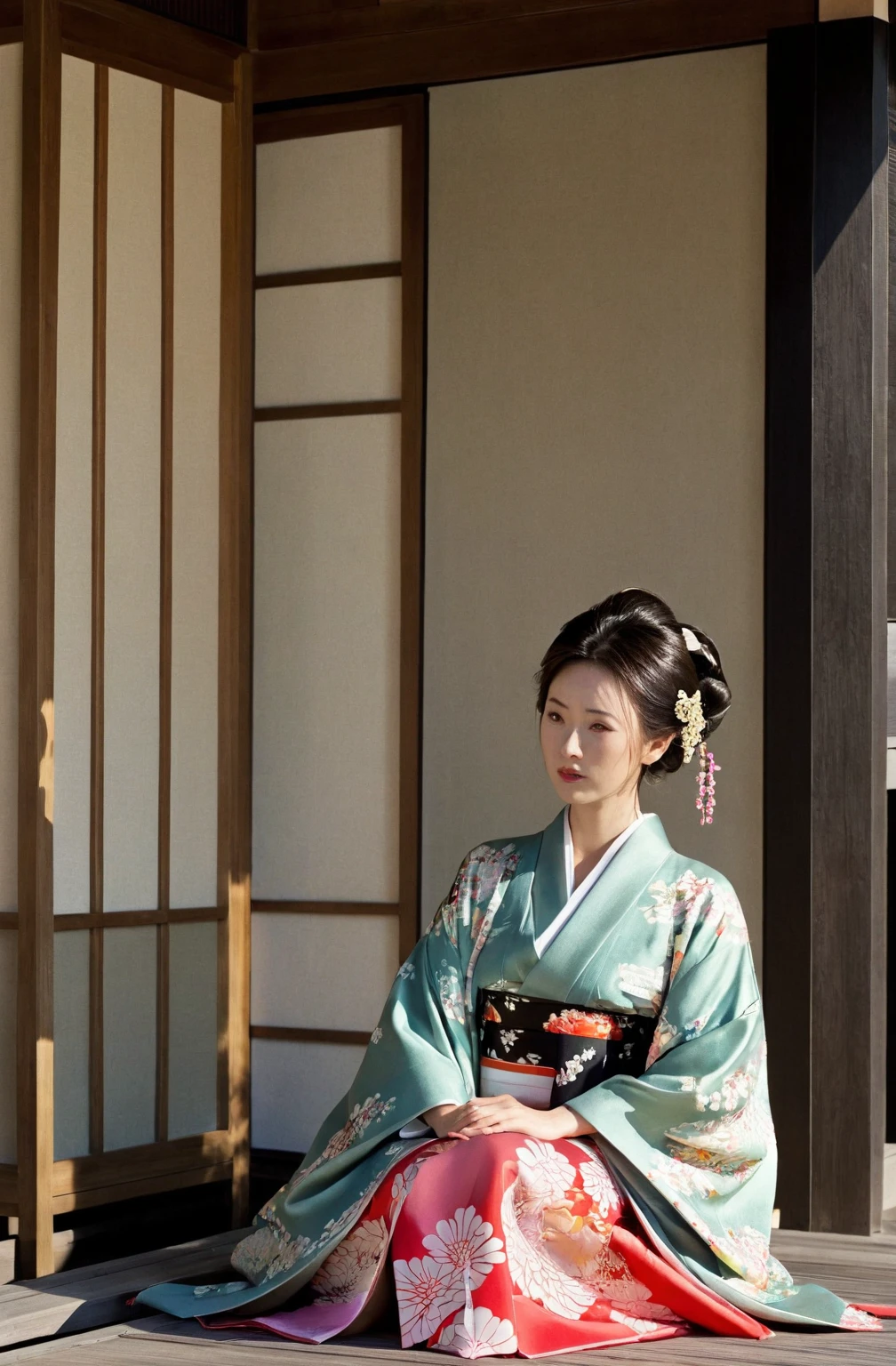 araffe asian woman in a kimono sitting on a porch, in kimono, in a kimono, wearing kimono, classy yukata, kimono, wearing royal kimono, wearing a kimono, Yoshitomo Nara, yukata, japanese kimono, sophisticated gravure idol, shikamimi, wearing kimono armor, Japanese style