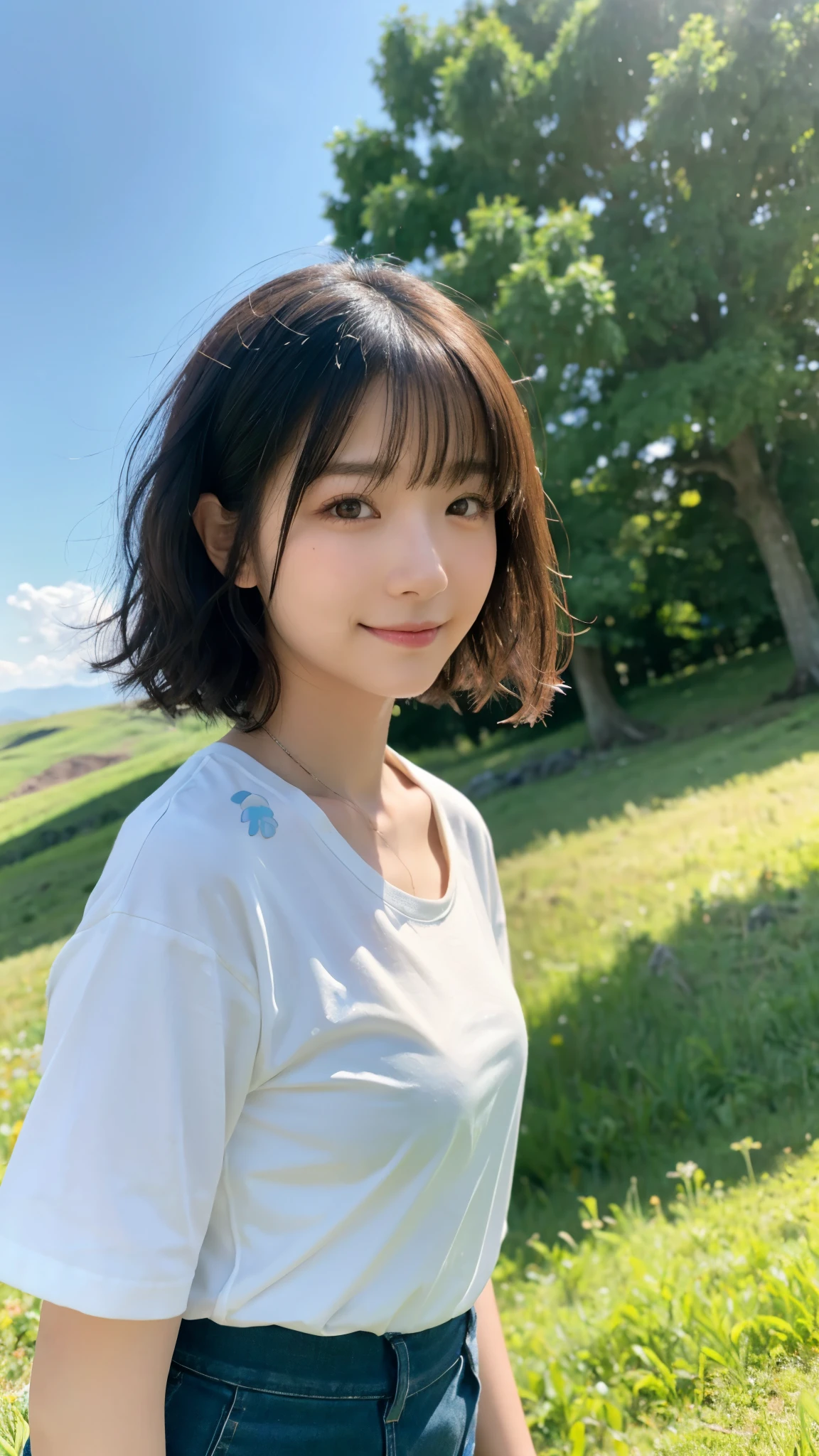 (highest quality,masterpiece:1.3,ultra high resolution),(Super detailed,caustics,8k),(photorealistic:1.4,RAW shooting),18-year-old,cute,Japanese,Short black hair with outward curls,(white t-shirt),(smile),looking at the camera,blue sky,sun,Backlight,(top of the hill),(Tall green grassland:1.1),(Standing in the steppe),(ground level shot:1.1),(shot from the waist up),(face focus),(face close up),(low position:1.2),(Low - Angle:1.2),Natural light