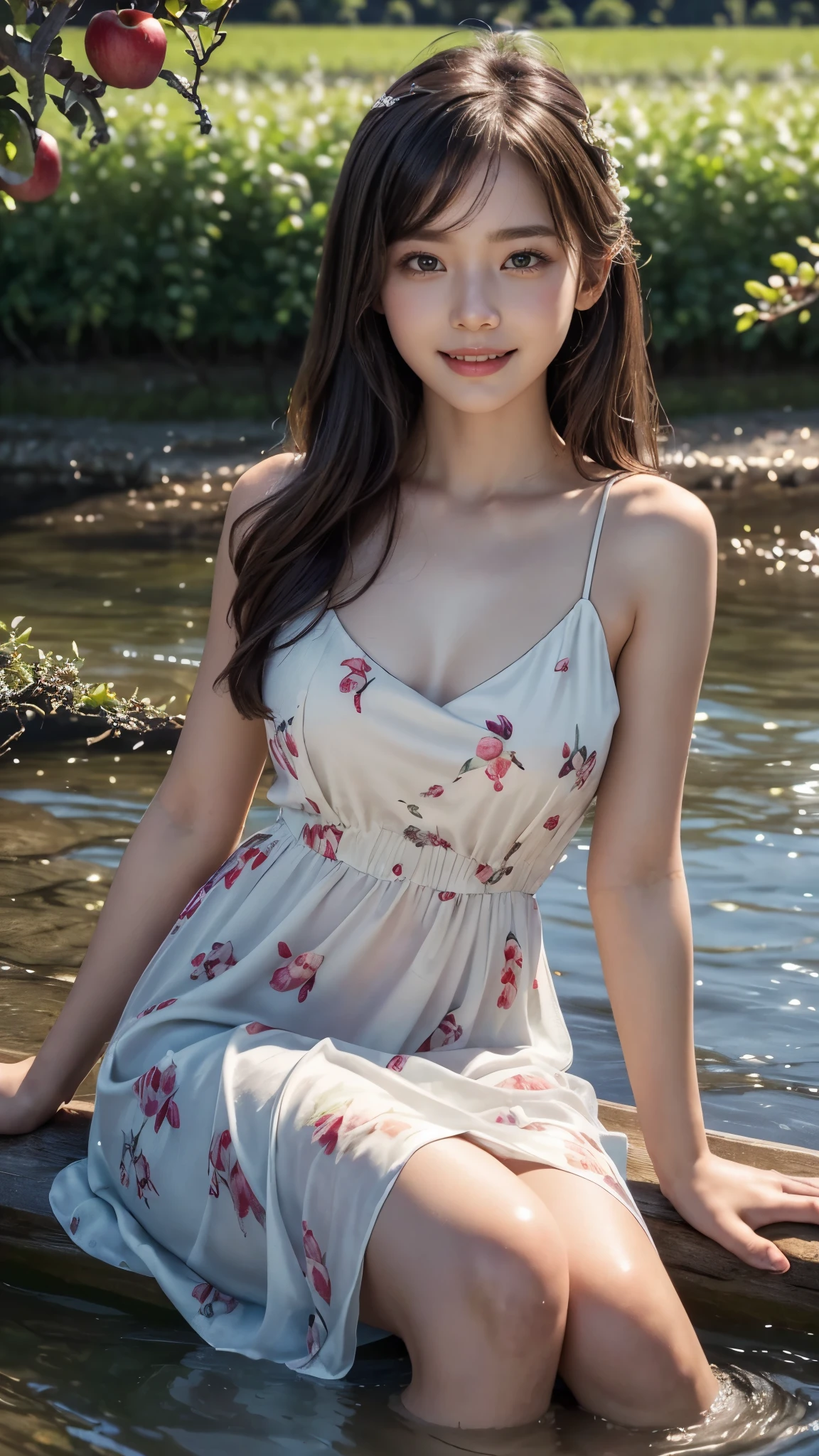 8k, masterpiece, RAW photo, best quality, photorealistic, extremely detailed CG unity 8k wallpaper, Depth of field, Cinematic Light, Lens Flare, Ray tracing, (extremely beautiful face, beautiful lips, beautiful eyes), intricate detail face, ((ultra detailed skin)) 1girl, in the dark, deep shadow, pretty Asian girl, idol, 1 girl, (very slim slender fit-muscled body:1.3), ((looking at viewer)),((big smile:1.3)), (best quality,ultra-detailed,realistic:1.37),portraits,beautiful young girl,youthful female model,riverbank and ((rocks)),Sweet girl clothes4, ((Silky Kukombo Floral Chiffon Dress)), ((flowers on ilky Kukombo Floral Chiffon Dress)), jewelry, Sitting in a waterfall and apple orchards, sitting posture, ((Sitting on apple Orchards)), drenched all over,masterpiece,extremely detailed description,super fine painting,detailed face,slim figure, sexy angles, ((Stylish angles)), medium legs,playing in the water,smiling,bright smile, ((River water floting on Middle of apple orchards)),((too many apples in orchards)), ((Apple trees in river)), ((many apple trees in river)), ((Full apple's in apple trees)), ((more and more apples in trees)), ((Many apple's floting in river water)), ((apple orchards)), Many Red apples in orchards)), 