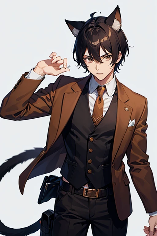 Man, anime, wearing a brown vest suit, has cat ears and tail, has shoulder holster, black hair, brown eyes, short hair style, best quality, vintage background
