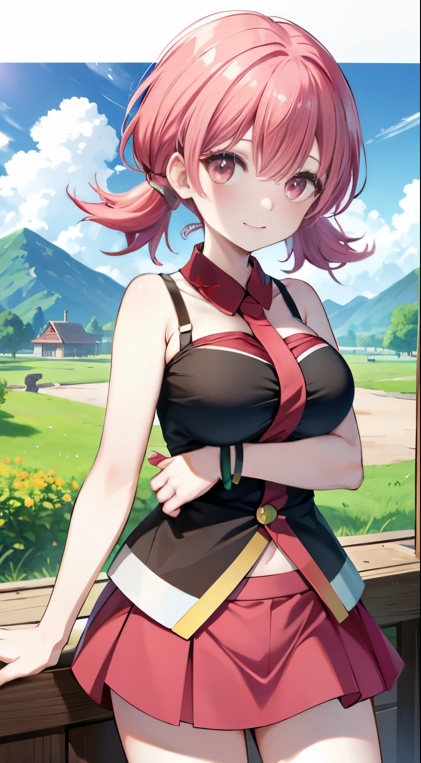 red hair，red eyes，short hair，Double tail，pink skirt，Pink sling bikini，big breasts，prairie background，Xiao Qian（Pokémon）blush，Smile