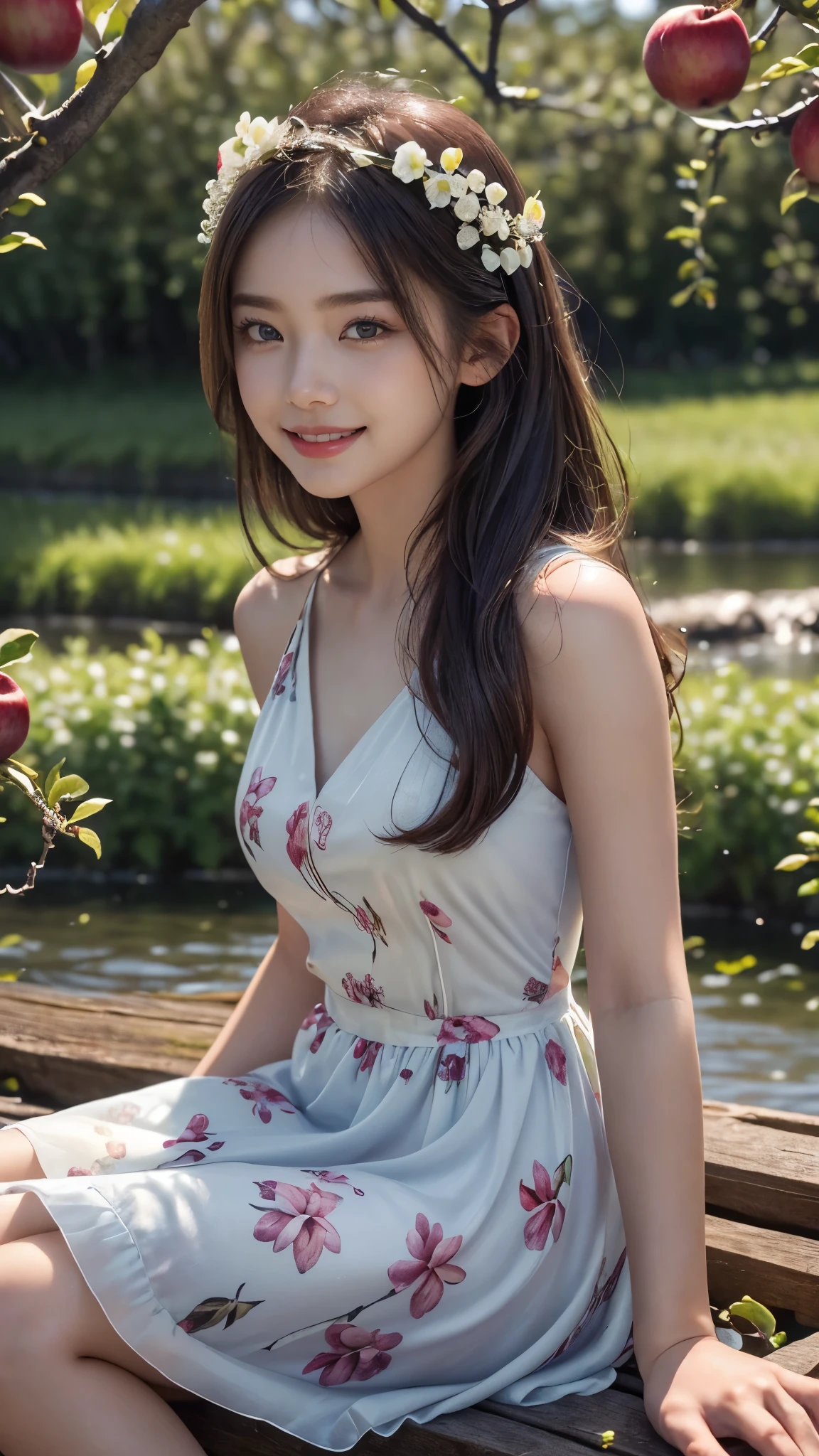8k, masterpiece, RAW photo, best quality, photorealistic, extremely detailed CG unity 8k wallpaper, Depth of field, Cinematic Light, Lens Flare, Ray tracing, (extremely beautiful face, beautiful lips, beautiful eyes), intricate detail face, ((ultra detailed skin)) 1girl, in the dark, deep shadow, pretty Asian girl, idol, 1 girl, (very slim slender fit-muscled body:1.3), ((looking at viewer)),((big smile:1.3)), (best quality,ultra-detailed,realistic:1.37),portraits,beautiful young girl,youthful female model,riverbank and ((rocks)),Sweet girl clothes4, ((Silky Kukombo Floral Chiffon Dress)), ((flowers on ilky Kukombo Floral Chiffon Dress)), jewelry, Sitting in a waterfall and apple orchards, sitting posture, ((Sitting on apple Orchards)), drenched all over,masterpiece,extremely detailed description,super fine painting,detailed face,slim figure, sexy angles, ((Stylish angles)), medium legs,playing in the water,smiling,bright smile, ((River water floting on Middle of apple orchards)),((too many apples in orchards)), ((Apple trees in river)), ((many apple trees in river)), ((Full apple's in apple trees)), ((more and more apples in trees)), ((Many apple's floting in river water)), ((apple orchards)), Many Red apples in orchards)),