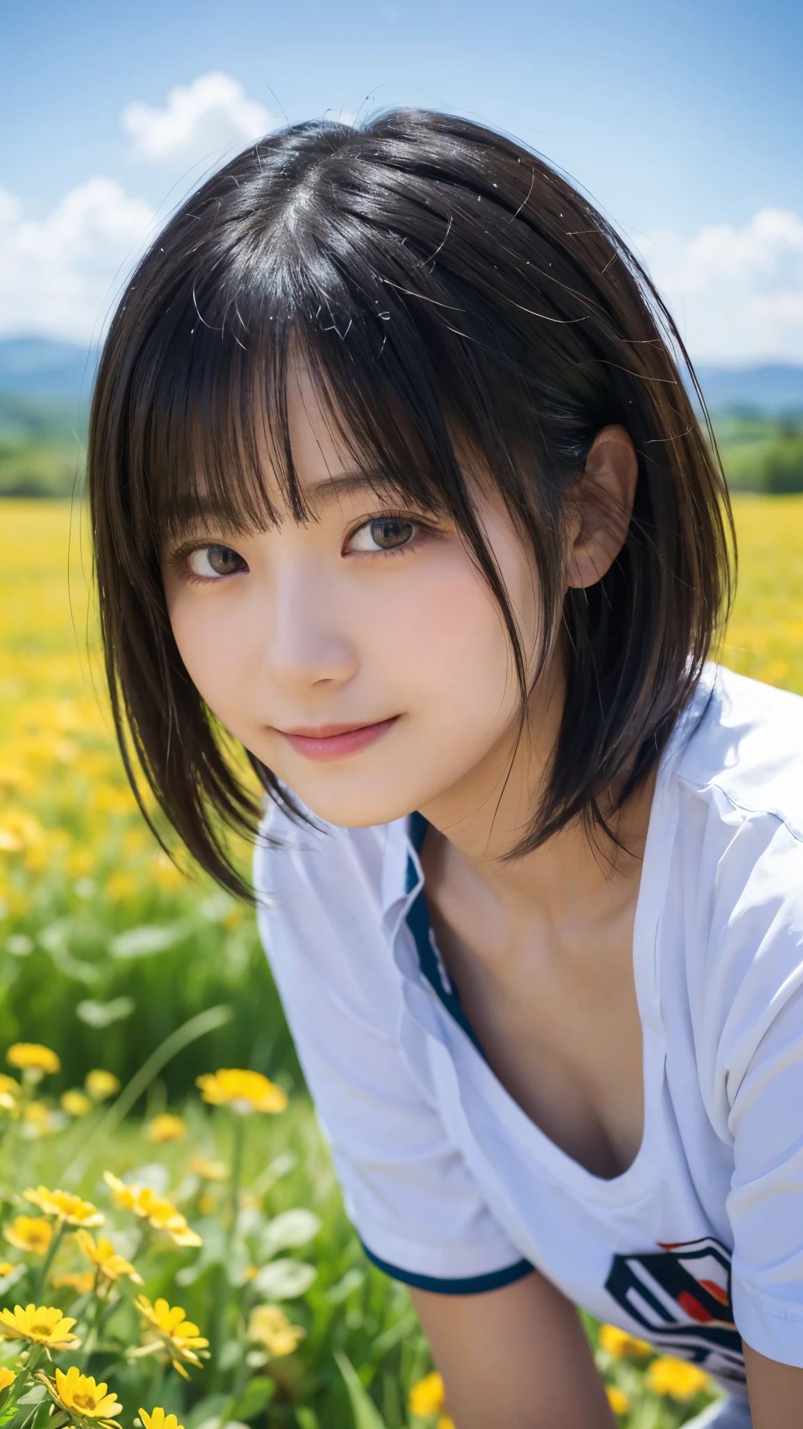 (highest quality,masterpiece:1.3,ultra high resolution),(Super detailed,caustics,8k),(photorealistic:1.4,RAW shooting),18-year-old,cute,Japanese,Short black hair with outward curls,(white t-shirt),(smile),looking at the camera,blue sky,sun,Backlight,(top of the hill),(Tall green grassland:1.1),(Standing in the steppe),(ground level shot:1.1),(shot from the waist up),(face focus),(face close up),(low position:1.2),(Low - Angle:1.2),Natural light