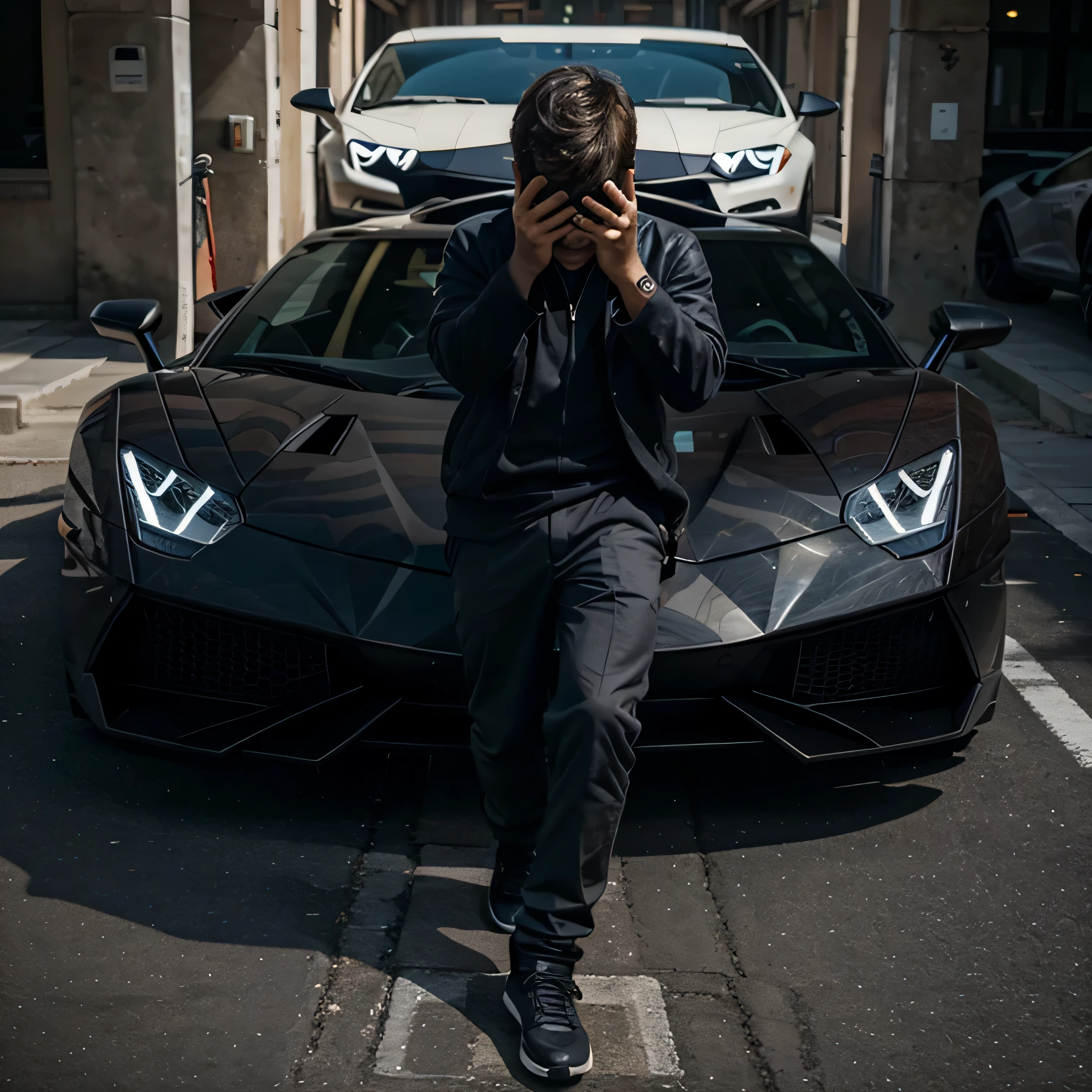 A boy covering face with a Lamborghini 