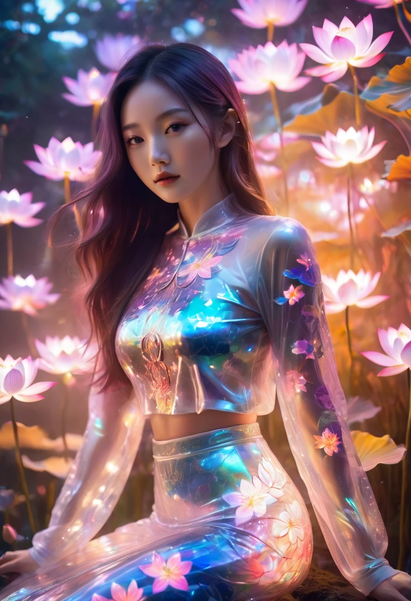 1 Asian woman,  beauty，Surrealism,Sexy transparent tights，holographic，Transparent Iridescent Long Sleeves，Her skin glows with cosmic patterns，Transparent rubber skirt，She is surrounded by a dreamy floral scene，Energetic，Lotus flowers in bloom，Capture ambient light and color。The woman looks peaceful，Flowing hair， The light is soft and diffuse，Highlighting the transparency of her costume and the luminous quality of her skin