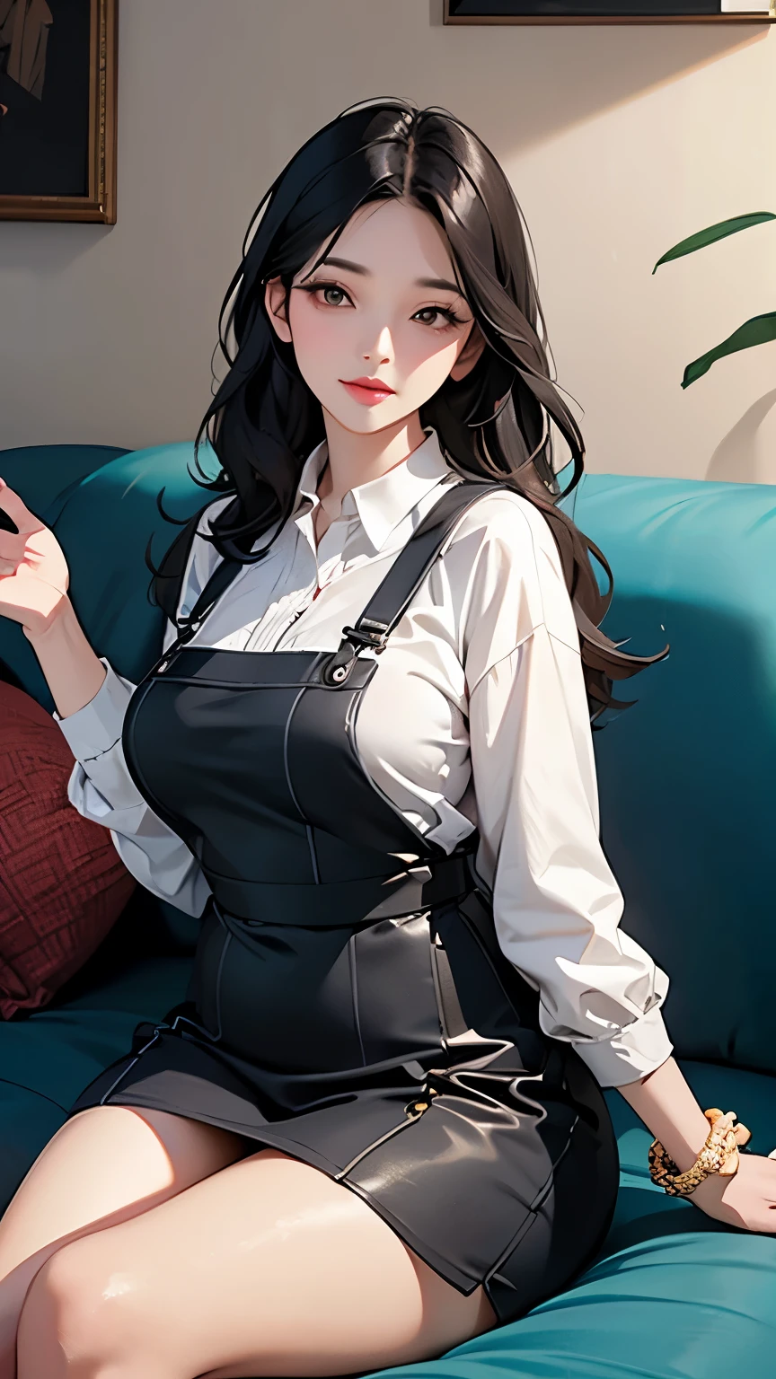 A mature woman lying on the sofa, With wavy black hair, wearing suspenders, plump figure, Exquisite facial features, Lifelike picture quality, an asian woman, Age is about 30 years old, surreal