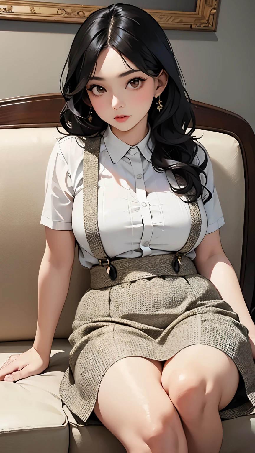 A mature woman lying on the sofa, With wavy black hair, wearing suspenders, plump figure, Exquisite facial features, Lifelike picture quality, an asian woman, Age is about 30 years old, surreal