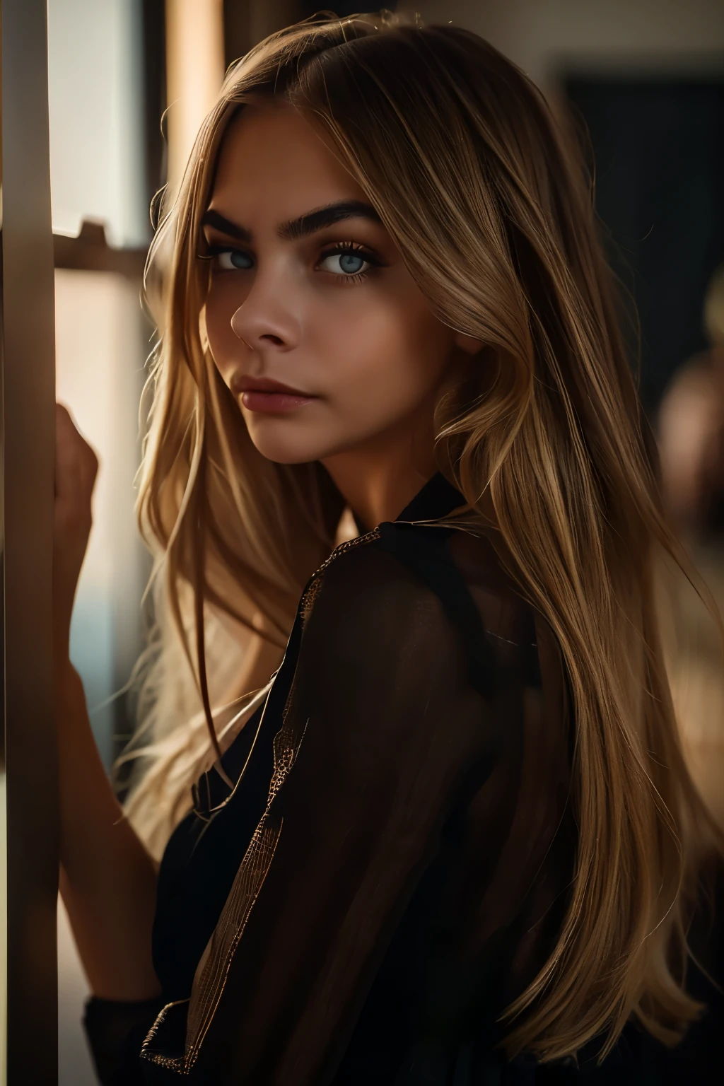 sexy gray-eyed girl, portrait of Cara Delevingne, portrait of Corina Kopf, blonde hair and big eyes, selfie of a young woman, Smoky eyes makeup, red lipstick on her lips, look directly into the camera, face with Artgram, standing full-length in the office by the window, looking at her figure, black blouse, blonde, latina. high resolution: 1.3, high detail: 1.3, masterpiece: 1.3, UHD, 8K