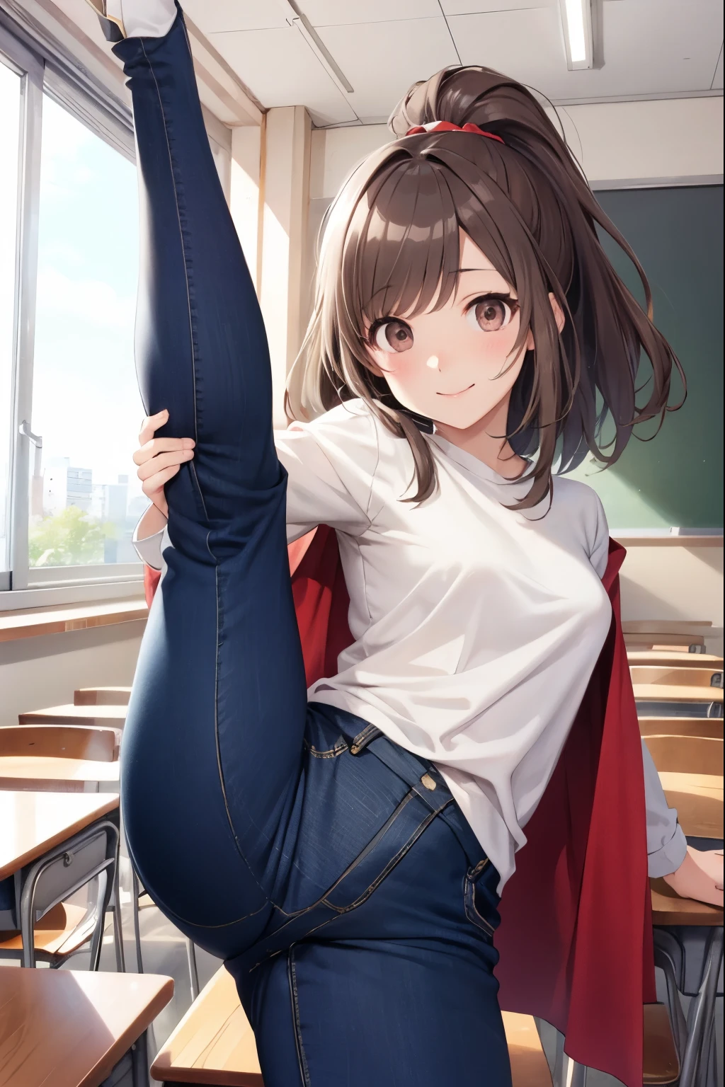 koganetsukioka, kogane tsukioka, (brown eyes:1.5), brown hair, hair band, ponytail,blush、smile、
break bare legs, blue trousers, Combat trousers、black pants, jeans、white cape, 壊す looking at viewer, destroy indoors, classroom,kick、Lift your legs、high kick、廻しkick、kick倒す